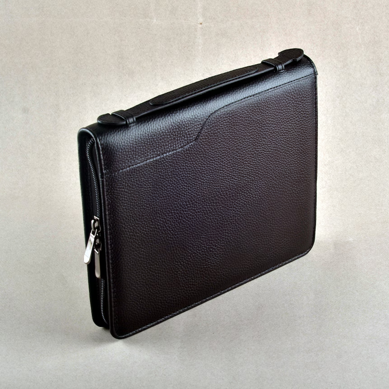 Black Pebbled Zip-Around Rectangular Portfolio Case With Curved Top Carry Tab, Multi-Slot Organized Interior And A5 Paper Divider Compartment