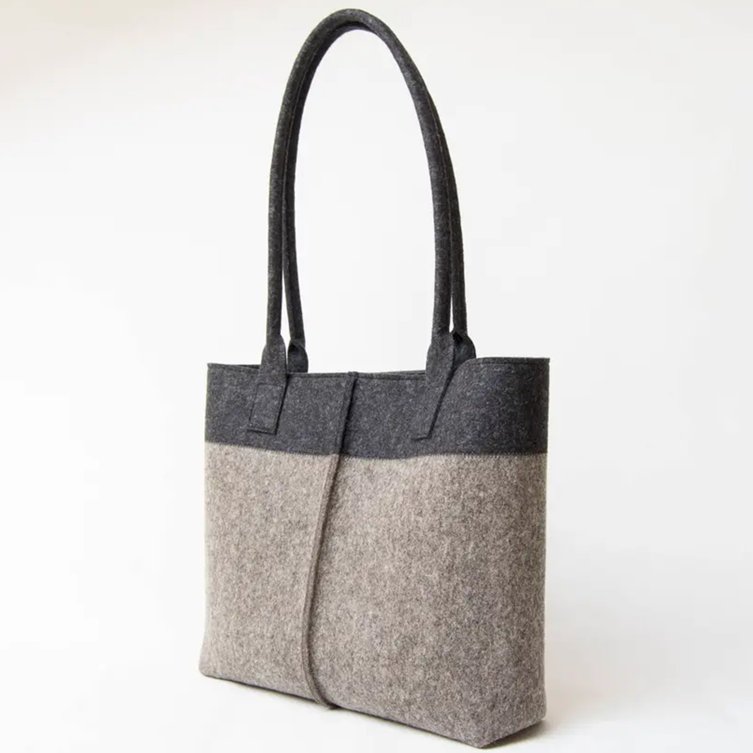 Grey Charcoal Fuzzy Structured Shopper Tote With Long Integrated Shoulder Loops And Central Vertical Front Stitch Seam