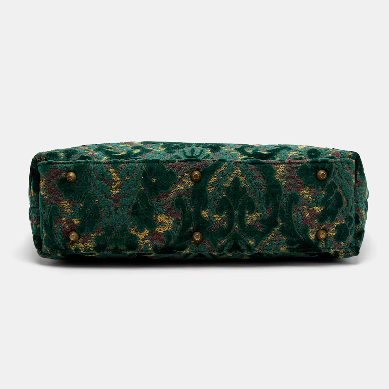 Jade Green Ornate Floral Jacquard Dome Carryall With Curved Dual Top Handles, Patterned Shoulder Strand, Brass Turn-Lock Clasp And Studded Protective Base