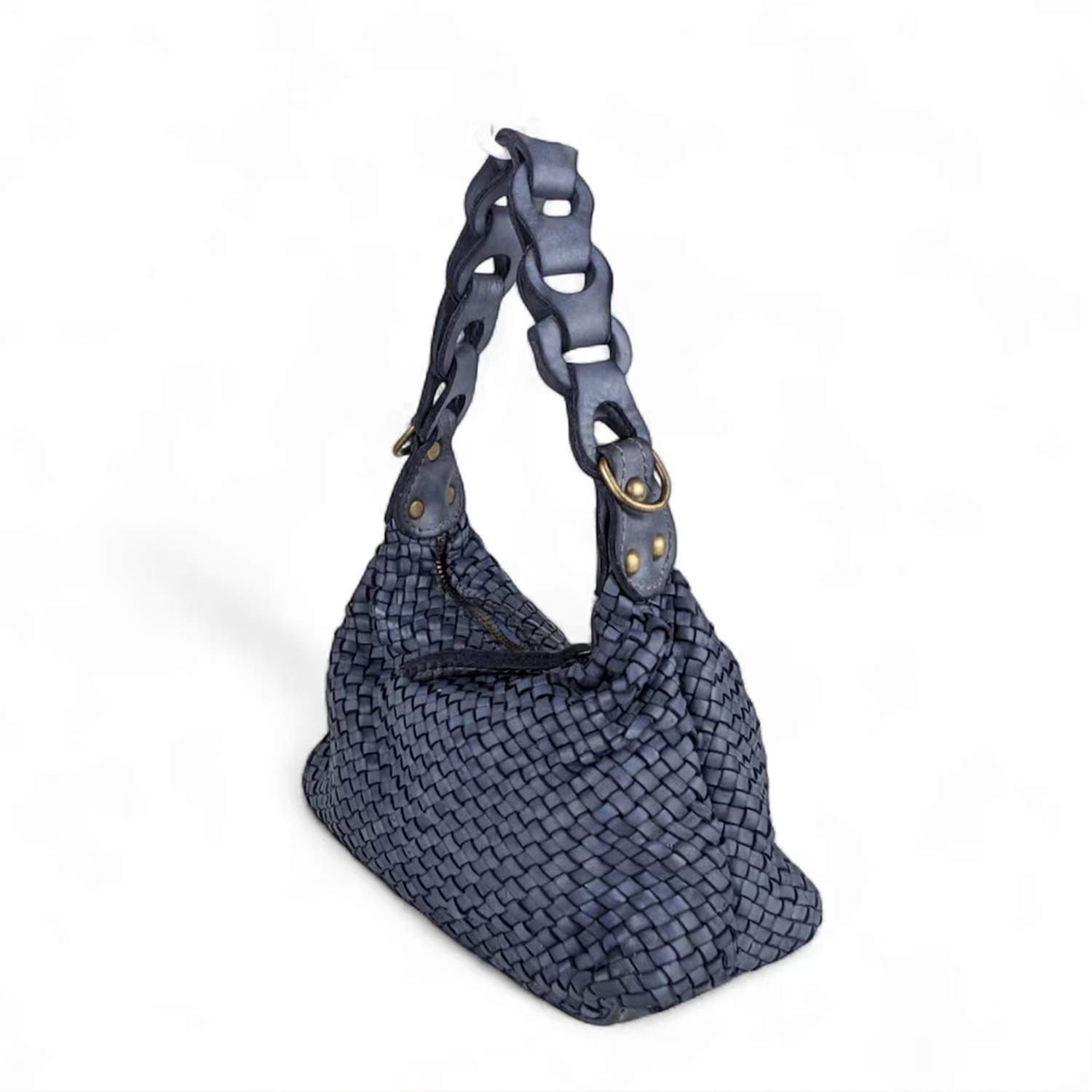 Washed Denim Blue Tight Grid Woven Slouchy Hobo Pouch With Interlinked Cutout Shoulder Loop, Brass Stud Fixtures And Top Horizontal Zip Closure