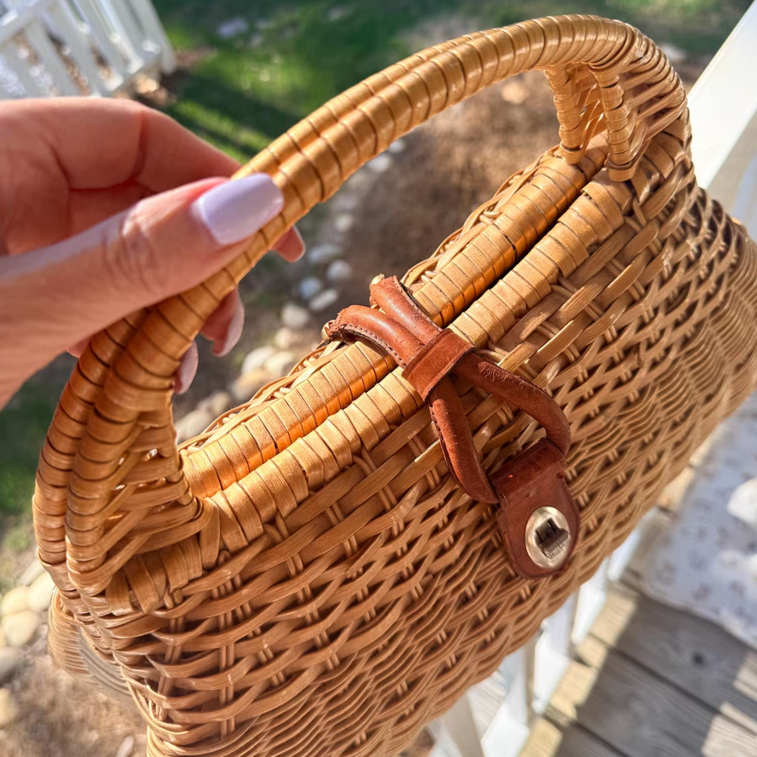 Natural Tan Midcentury Woven Rattan Handheld Satchel With Curved Woven Top Handle, Brown Leather Twist-Lock Strap And Dual Inner Storage Compartments