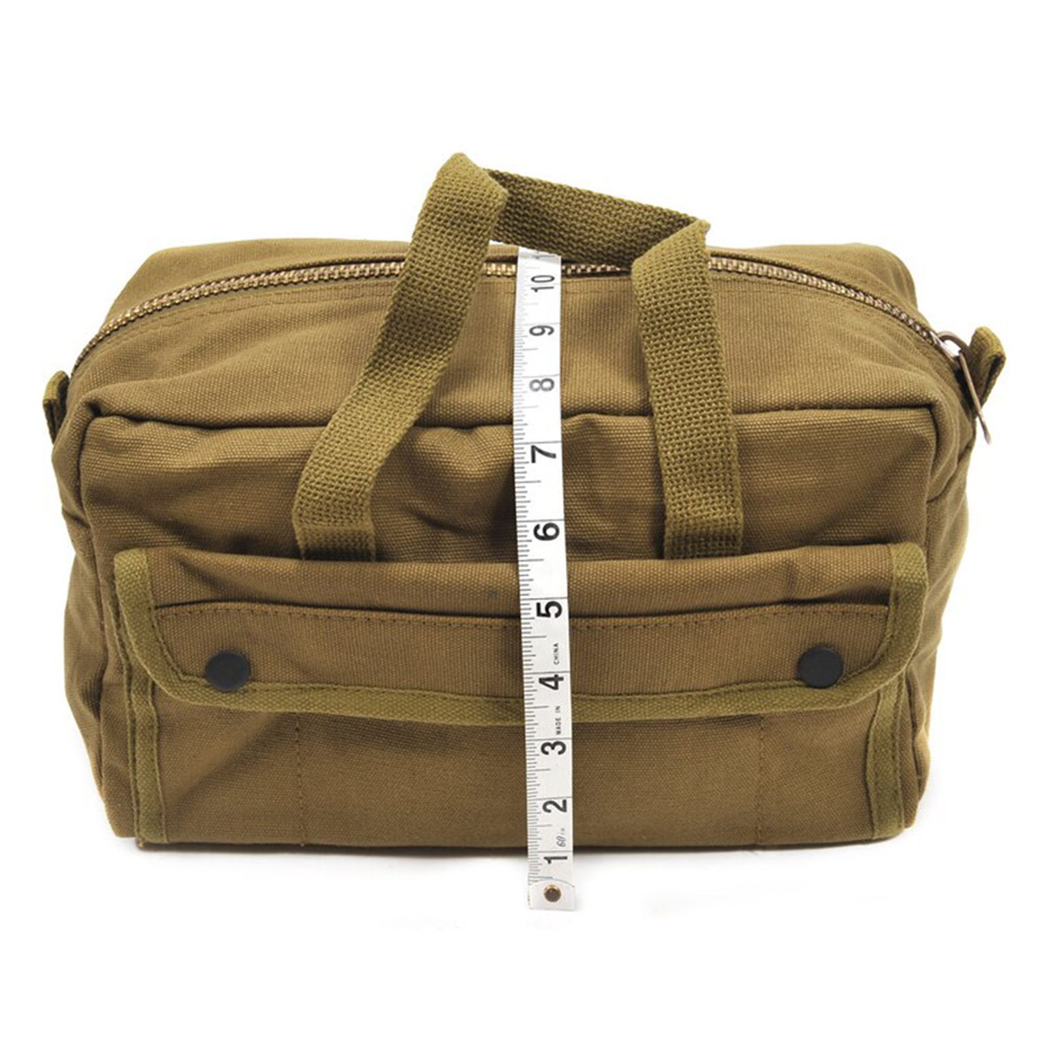 Khaki Tan Woven Fabric Compact Utility Carry Case With Dual Woven Top Loops, Snap Front Patch Pocket And Full-Length Metal Zip Closure