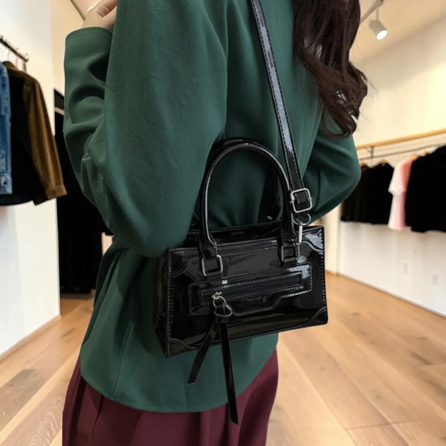 Triple Gloss Tone Compact Rectangular Mini Handbag With Curved Top Grip Loops, Recessed Front Zip Pocket And Thin Decorative Tassel Tab