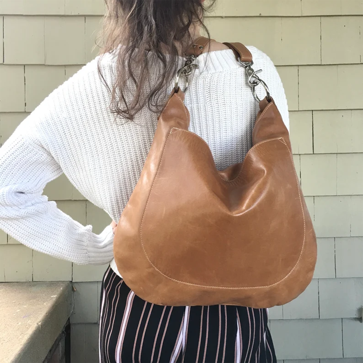 Vintage Tan Weathered Slouchy Crescent Hobo Carryall With Adjustable Single Hanging Strand, Magnetic Snap Closure And Multi-Segmented Organized Interior