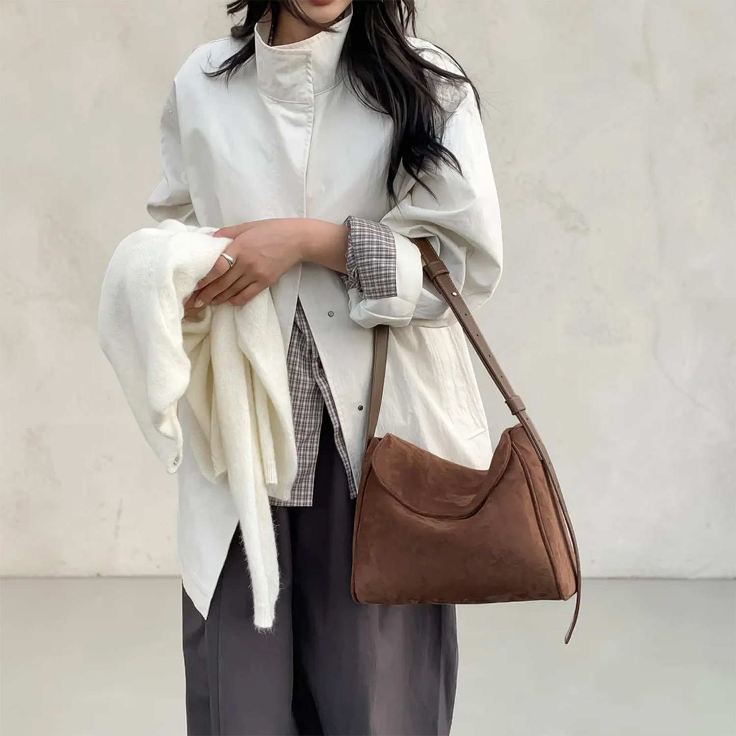 Retro Brown Plush Fuzzy Rectangular Shoulder Pouch With Slim Adjustable Hanging Strand, Curved Folded Front Slip Panel And Semi-Structured Horizontal Silhouette