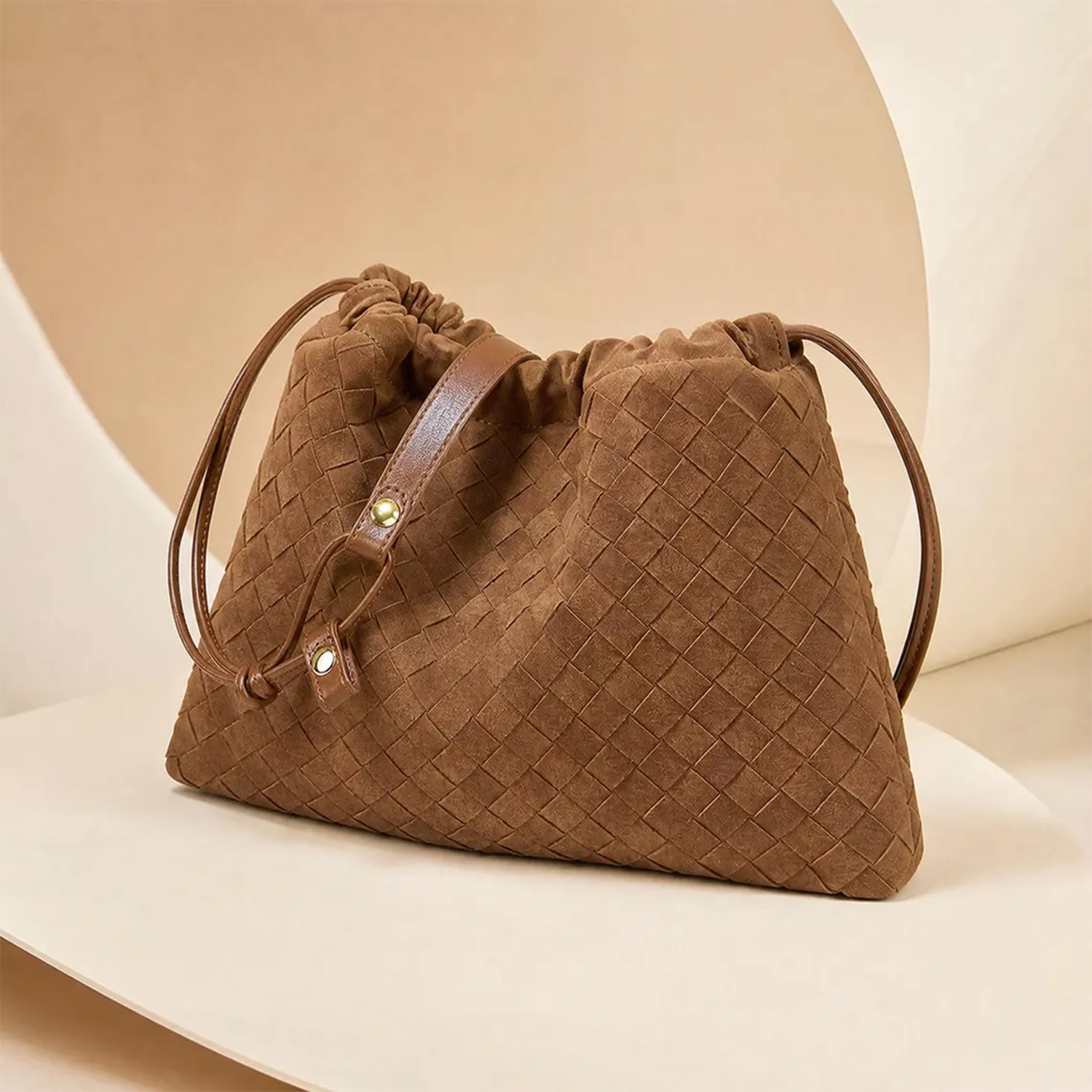 Warm Earth Brown Tight Grid Woven Trapezoid Drawstring Pouch With Ruched Gathered Rim, Studded Front Accent Tab And Single Slim Shoulder Strand