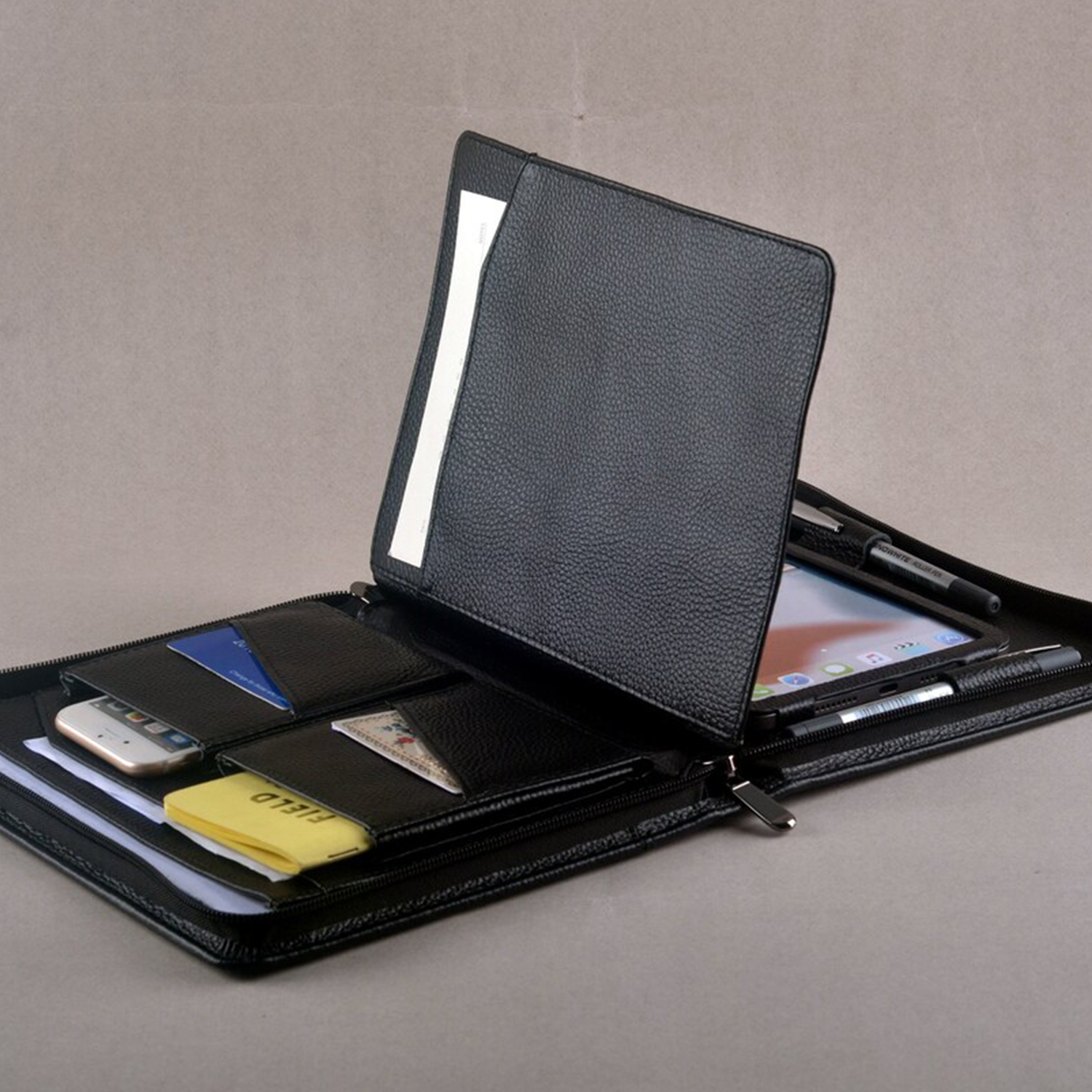 Black Pebbled Zip-Around Rectangular Portfolio Case With Curved Top Carry Tab, Multi-Slot Organized Interior And A5 Paper Divider Compartment