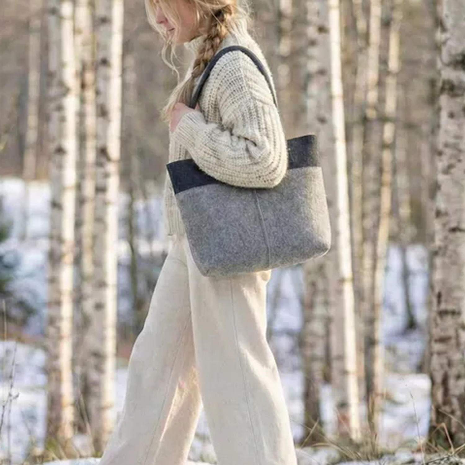 Grey Charcoal Fuzzy Structured Shopper Tote With Long Integrated Shoulder Loops And Central Vertical Front Stitch Seam