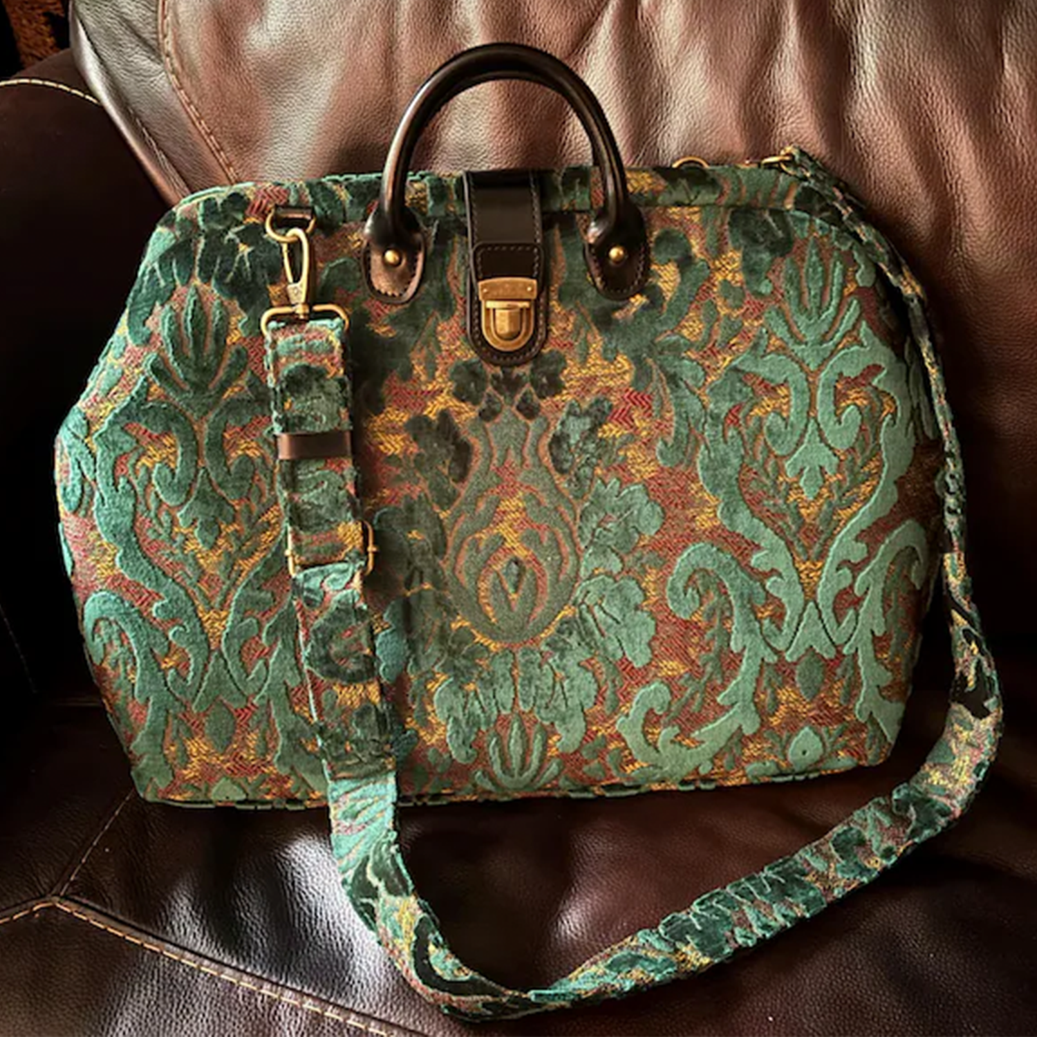 Jade Green Ornate Floral Jacquard Dome Carryall With Curved Dual Top Handles, Patterned Shoulder Strand, Brass Turn-Lock Clasp And Studded Protective Base