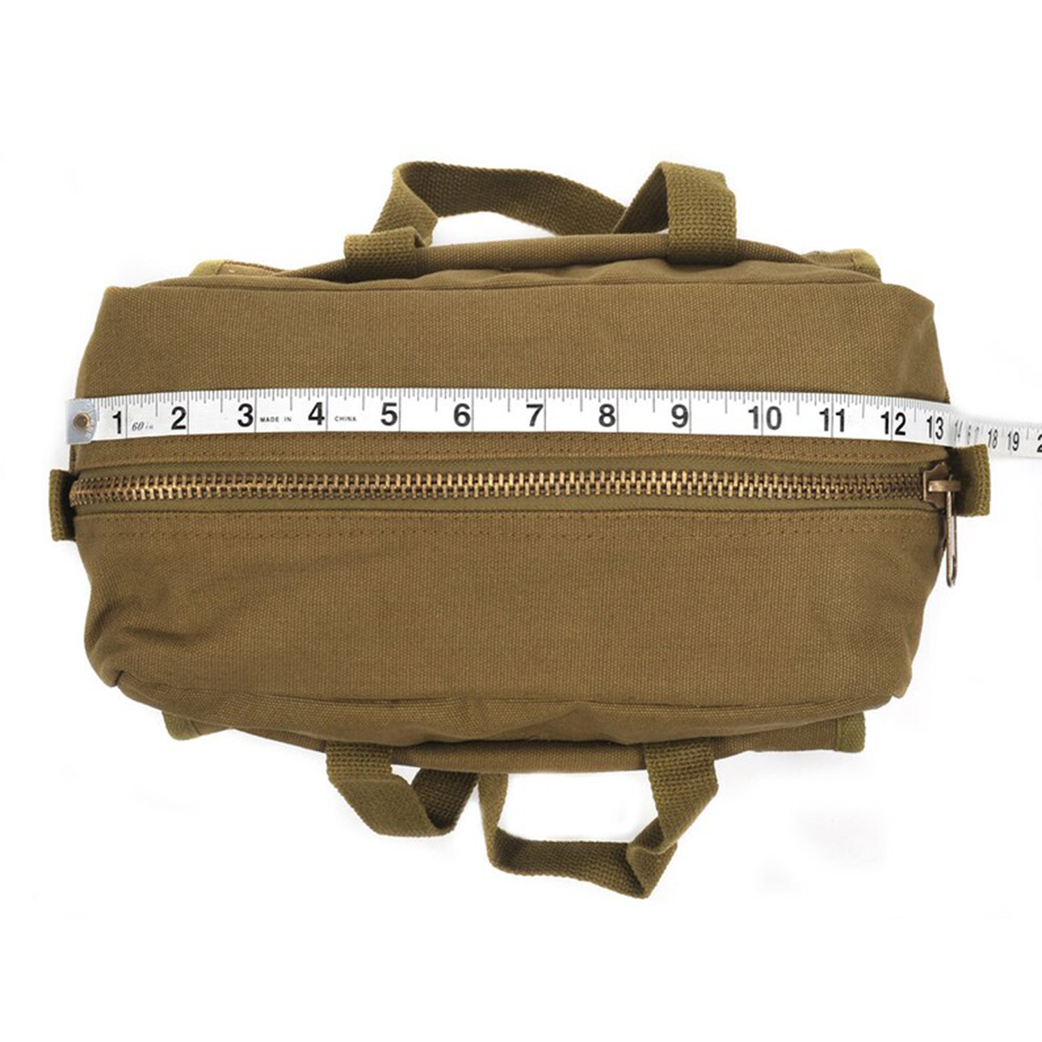Khaki Tan Woven Fabric Compact Utility Carry Case With Dual Woven Top Loops, Snap Front Patch Pocket And Full-Length Metal Zip Closure