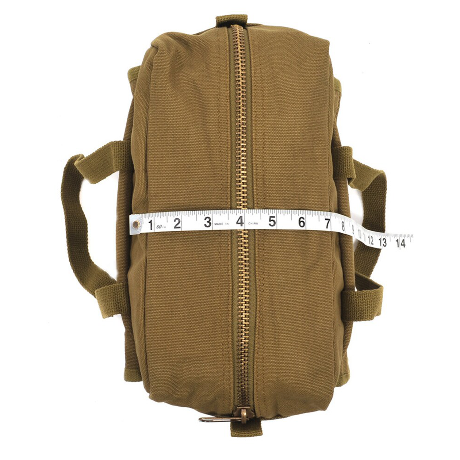 Khaki Tan Woven Fabric Compact Utility Carry Case With Dual Woven Top Loops, Snap Front Patch Pocket And Full-Length Metal Zip Closure