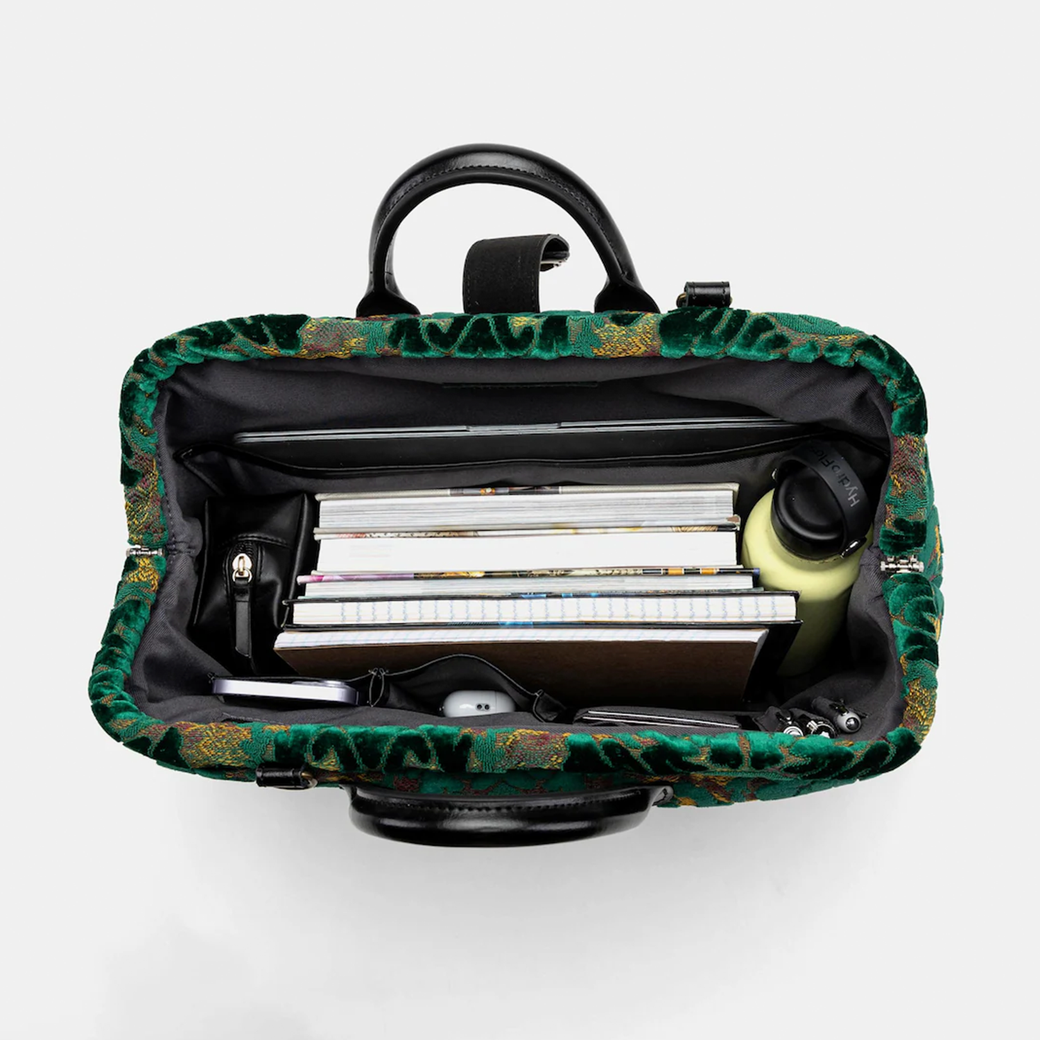 Jade Green Ornate Floral Jacquard Dome Carryall With Curved Dual Top Handles, Patterned Shoulder Strand, Brass Turn-Lock Clasp And Studded Protective Base