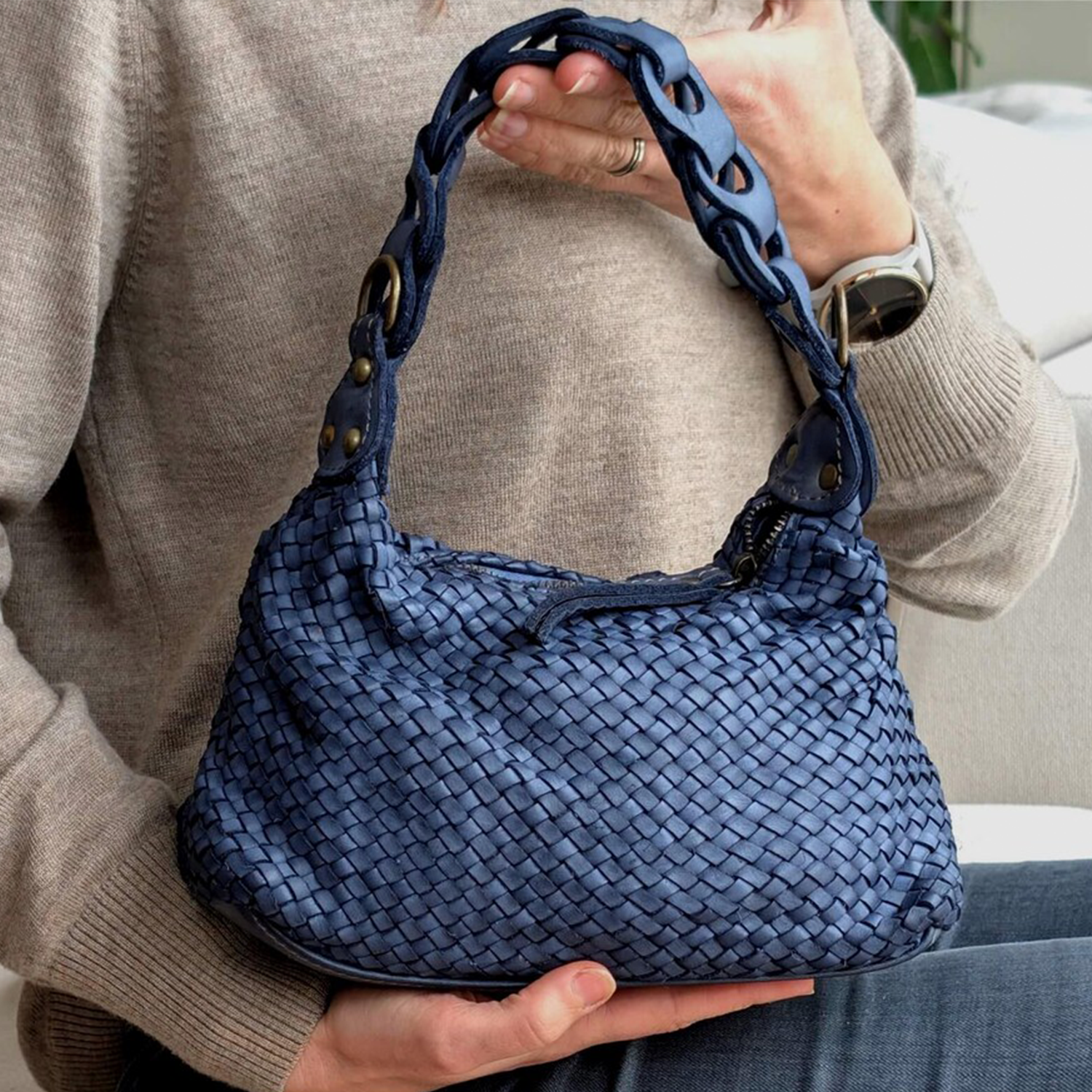 Washed Denim Blue Tight Grid Woven Slouchy Hobo Pouch With Interlinked Cutout Shoulder Loop, Brass Stud Fixtures And Top Horizontal Zip Closure