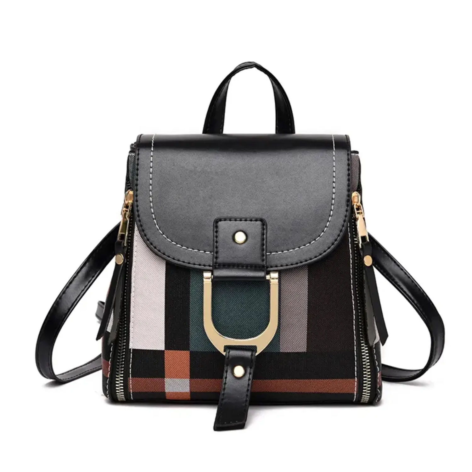 Multi-Tone Plaid Compact Mini Rucksack With Three Solid Flap Shades, Horseshoe Metal Clasp Fastener And Dual Side Zip Expansion Panels Backpack
