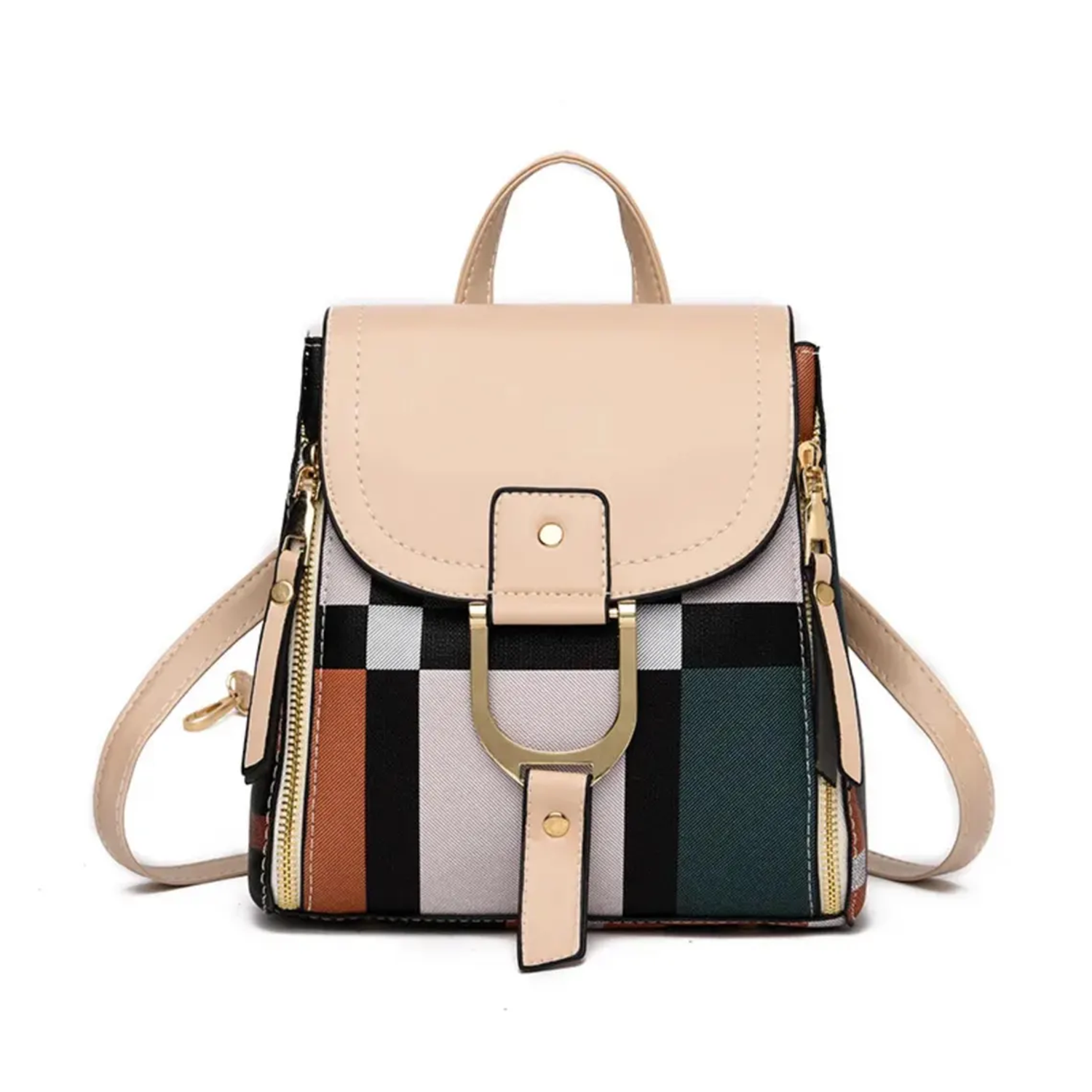 Multi-Tone Plaid Compact Mini Rucksack With Three Solid Flap Shades, Horseshoe Metal Clasp Fastener And Dual Side Zip Expansion Panels Backpack