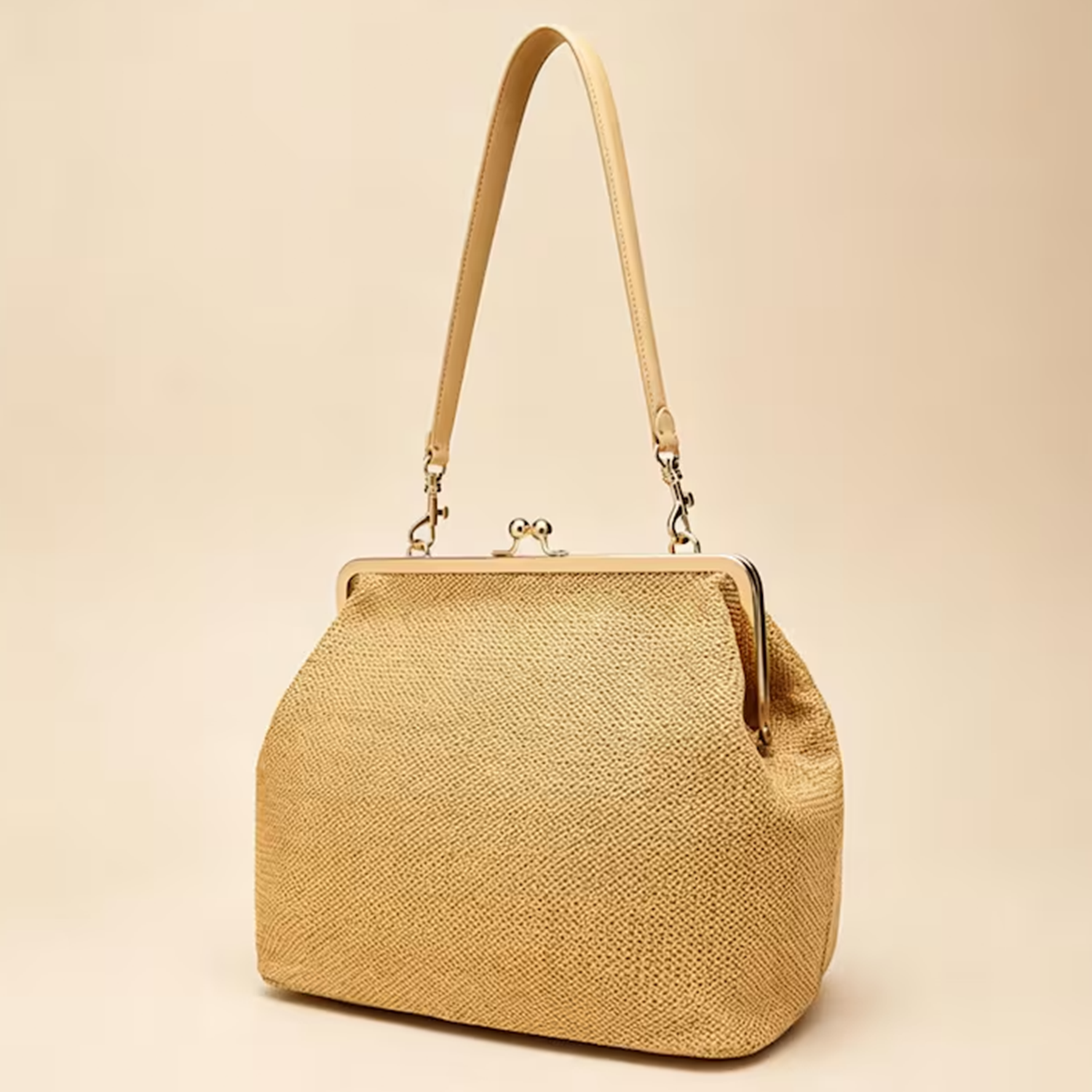 Woven Kiss-Lock Rectangular Tote With Gold Metallic Frame Hardware, Single Smooth Hanging Strand And Spacious Unlined Inner Compartment
