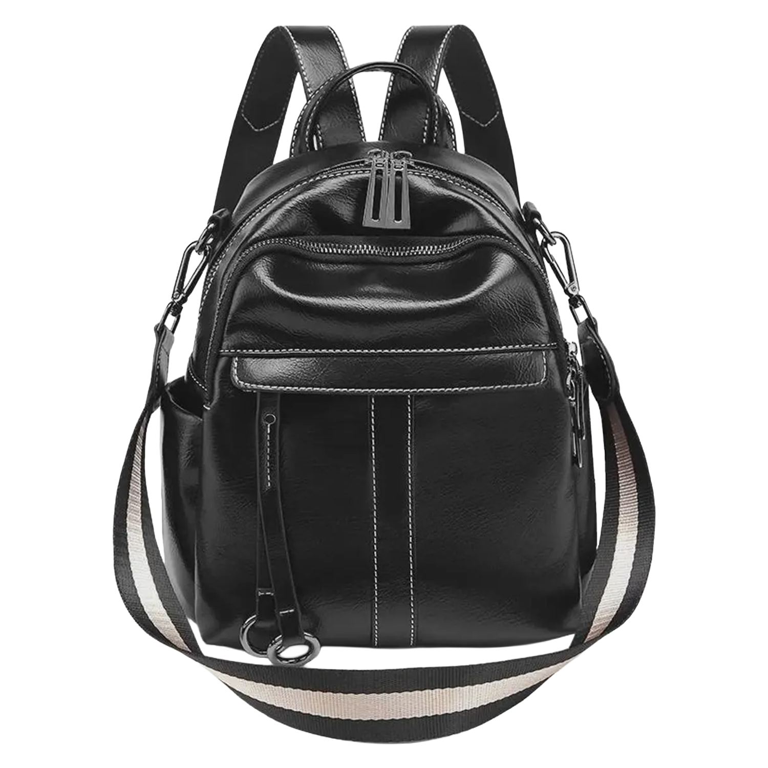 Weathered Compact Rounded City Backpack With Contrast Stitch Detailing, Striped Shoulder Straps And Front Zip Slip Compartment