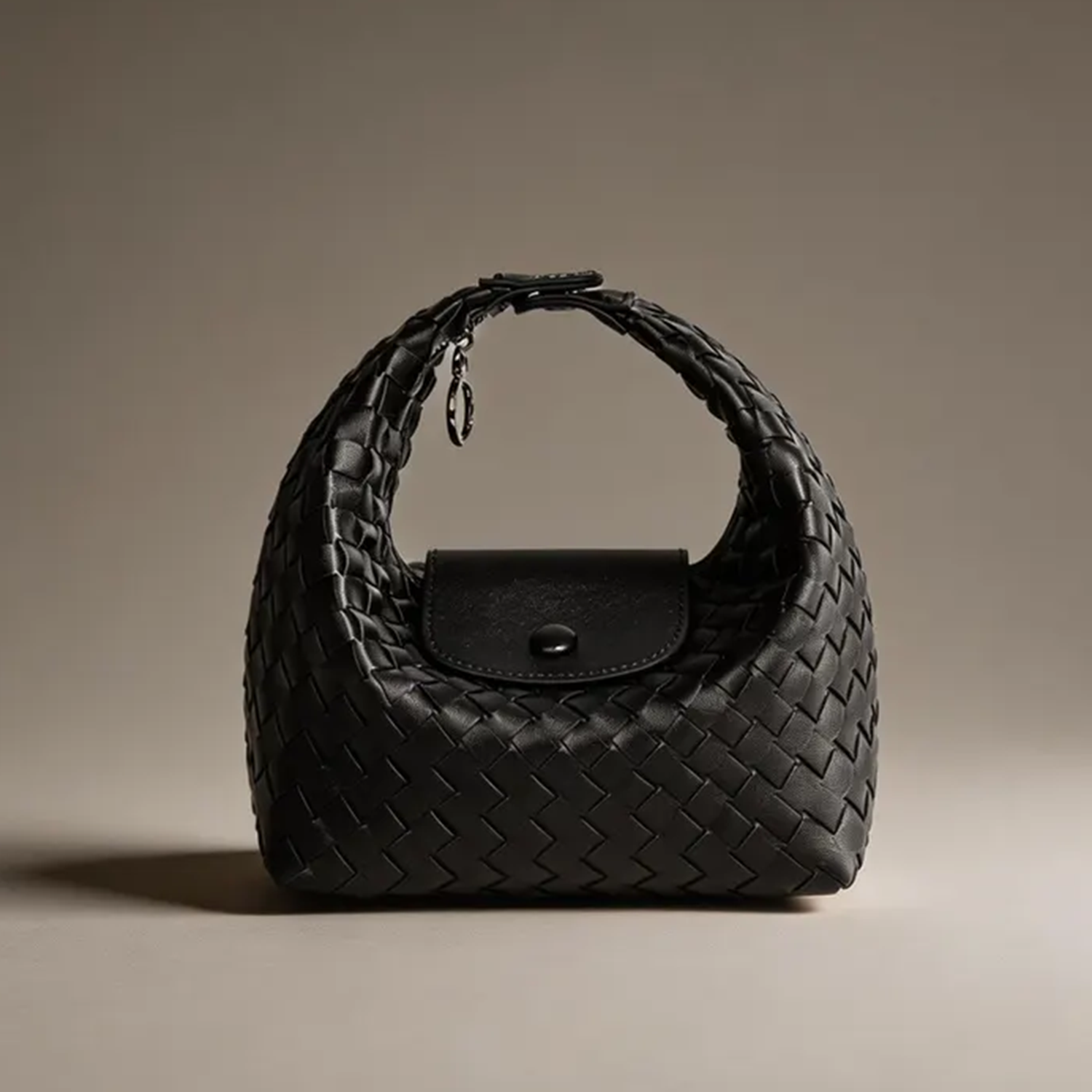 Hand-Woven Crescent Hobo Pouch With Integrated Curved Top Handle, Snap Front Flap And Two Separate Matching Hanging Straps
