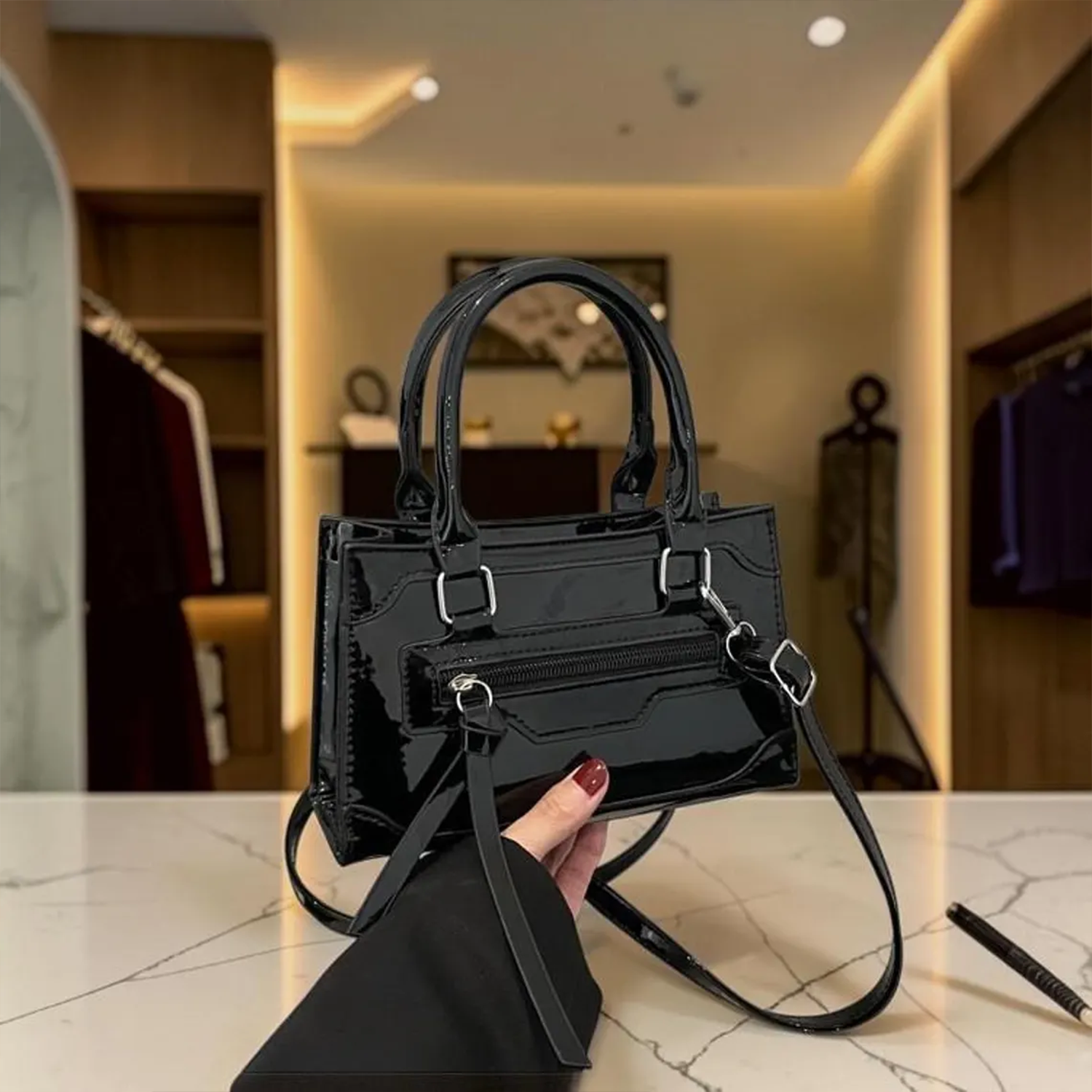 Triple Gloss Tone Compact Rectangular Mini Handbag With Curved Top Grip Loops, Recessed Front Zip Pocket And Thin Decorative Tassel Tab