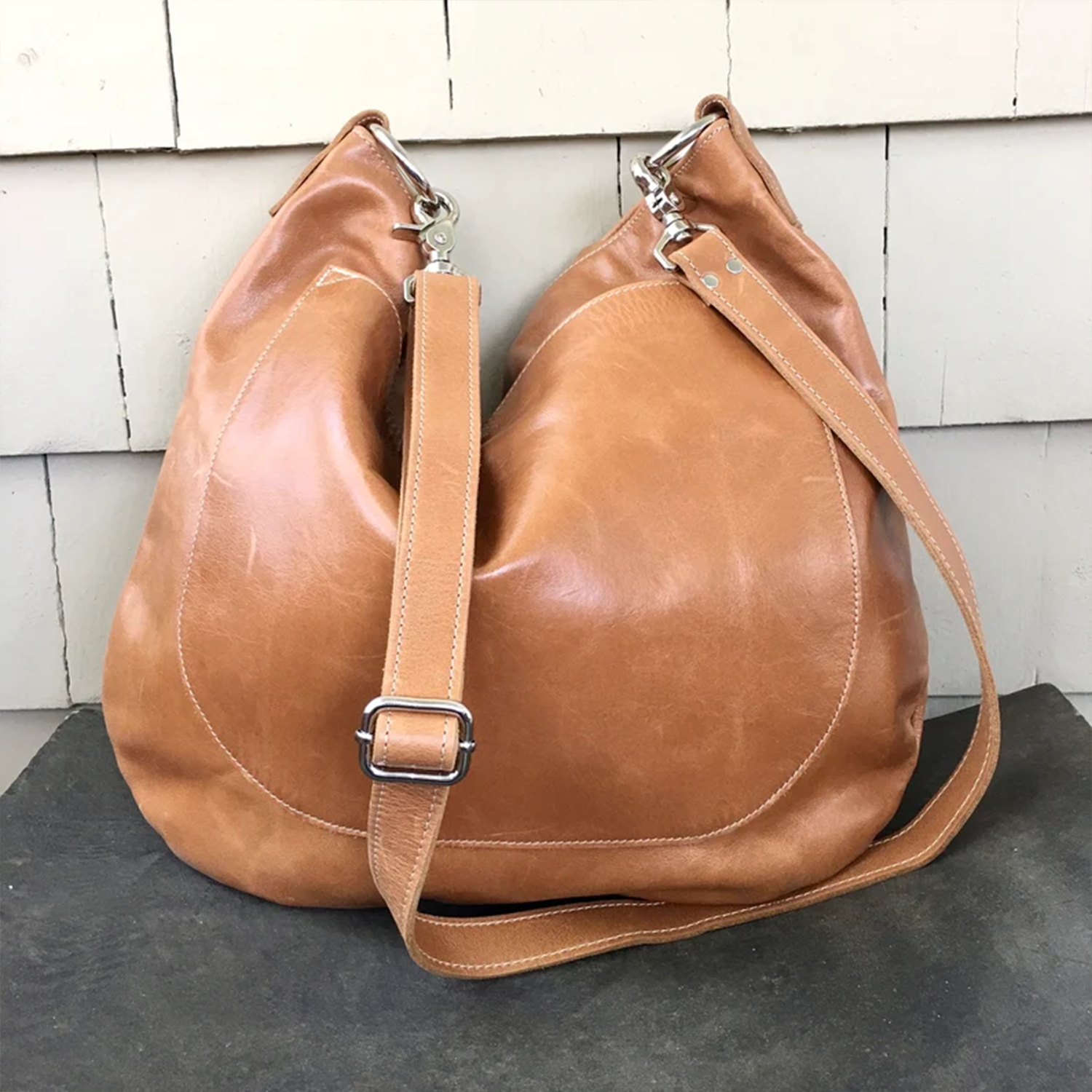 Vintage Tan Weathered Slouchy Crescent Hobo Carryall With Adjustable Single Hanging Strand, Magnetic Snap Closure And Multi-Segmented Organized Interior