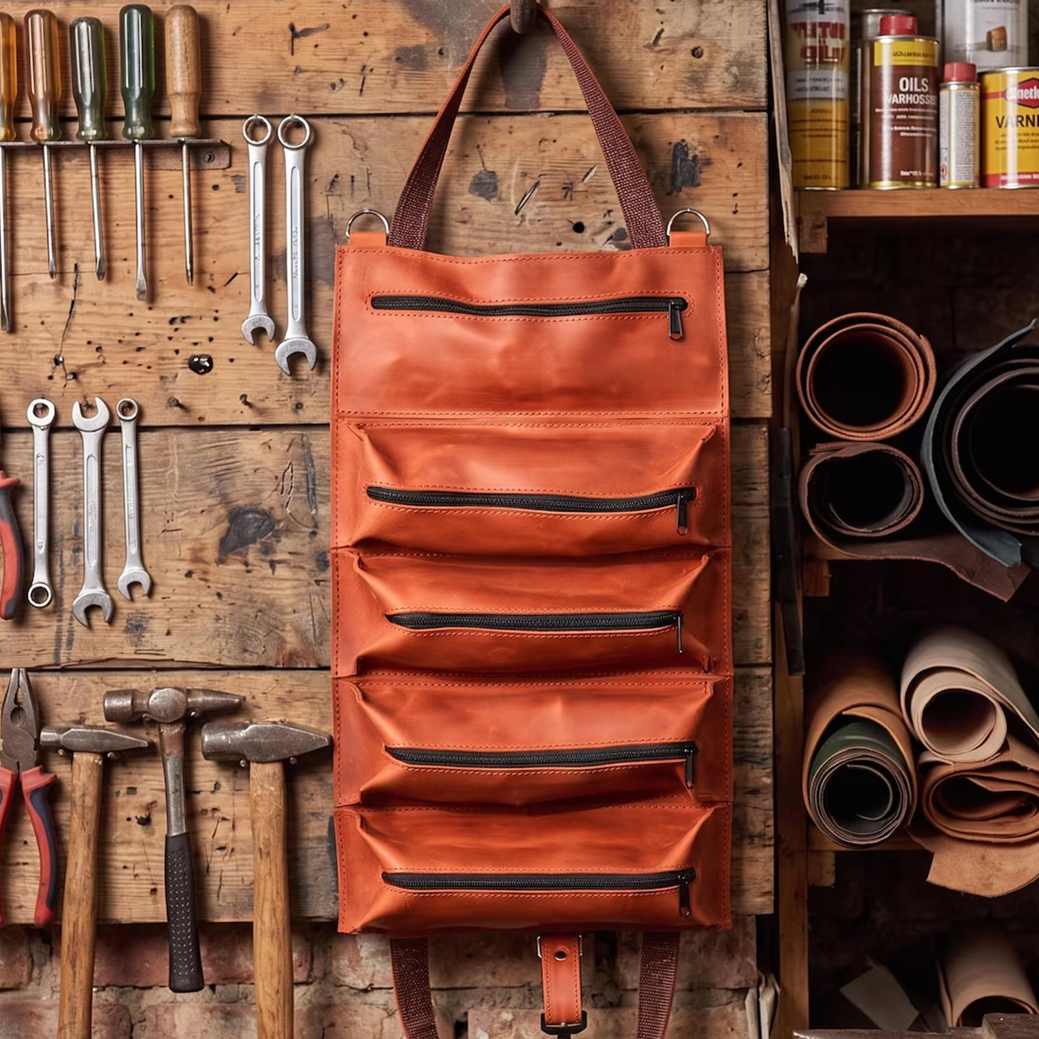 Vertical Roll-Up Tool Organizer With Five Stacked Zippered Pockets, Woven Fabric Hanging Loops And Wall Mount Eyelet Fixtures