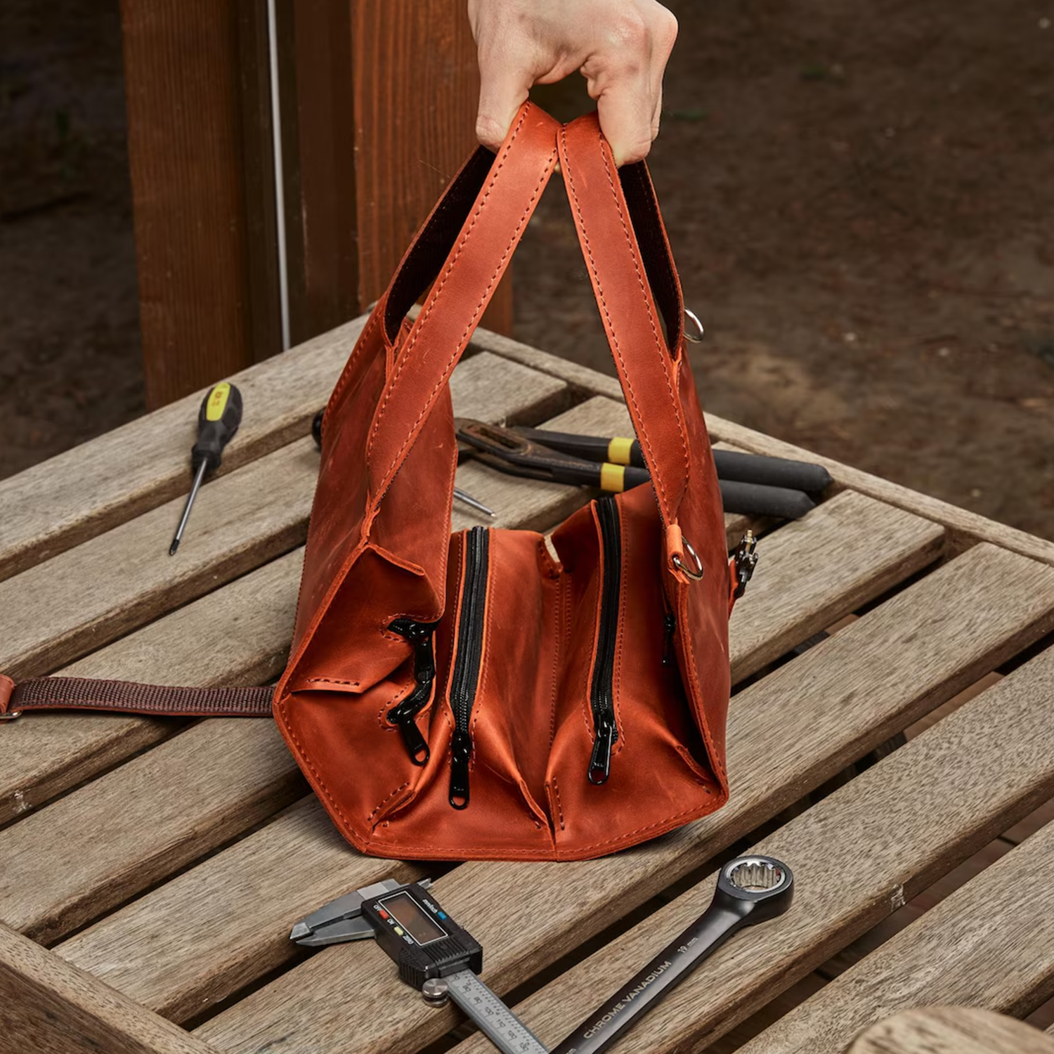 Vertical Roll-Up Tool Organizer With Five Stacked Zippered Pockets, Woven Fabric Hanging Loops And Wall Mount Eyelet Fixtures