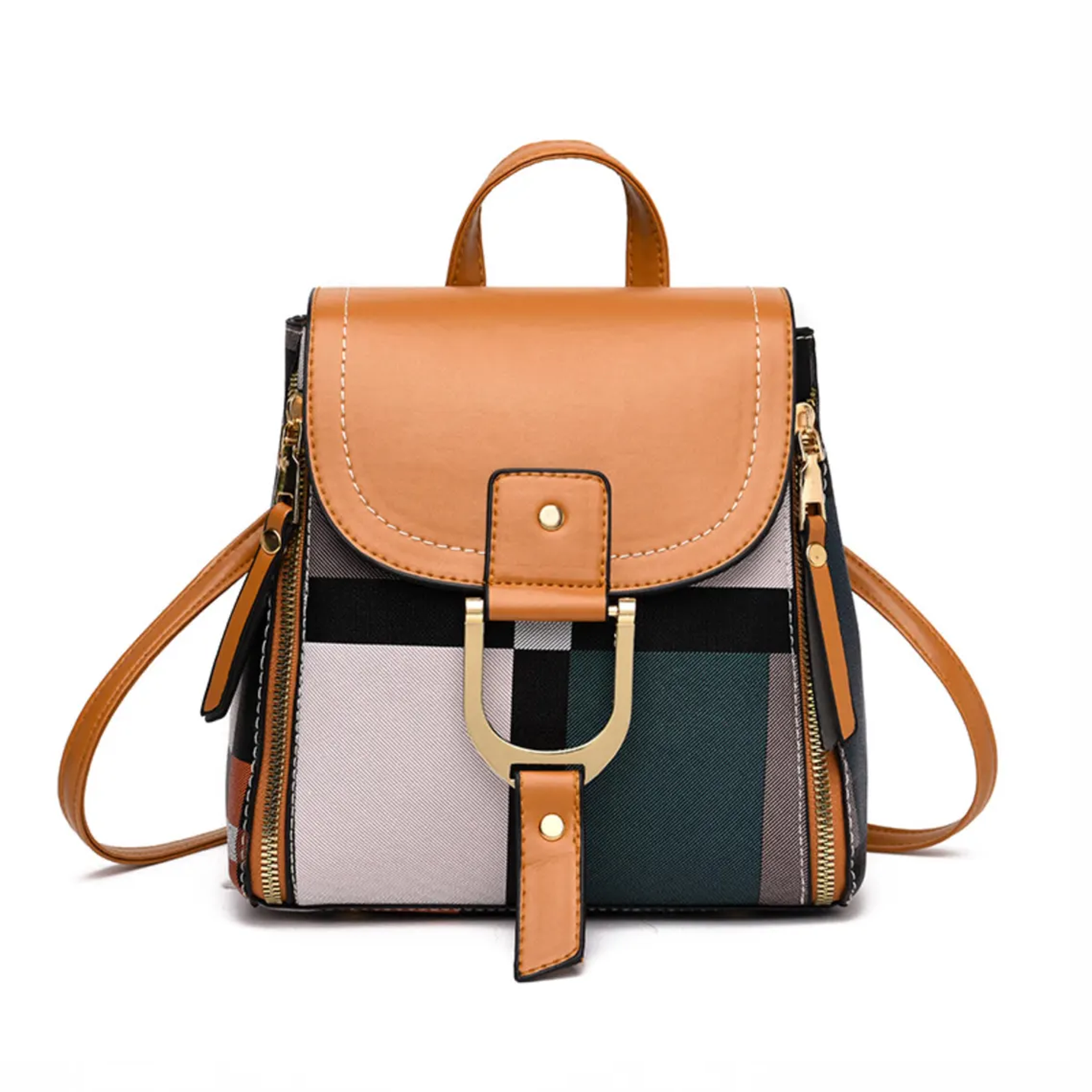 Multi-Tone Plaid Compact Mini Rucksack With Three Solid Flap Shades, Horseshoe Metal Clasp Fastener And Dual Side Zip Expansion Panels Backpack