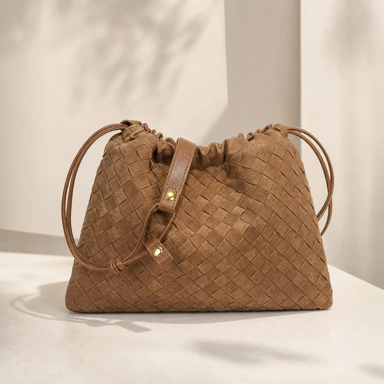 Warm Earth Brown Tight Grid Woven Trapezoid Drawstring Pouch With Ruched Gathered Rim, Studded Front Accent Tab And Single Slim Shoulder Strand