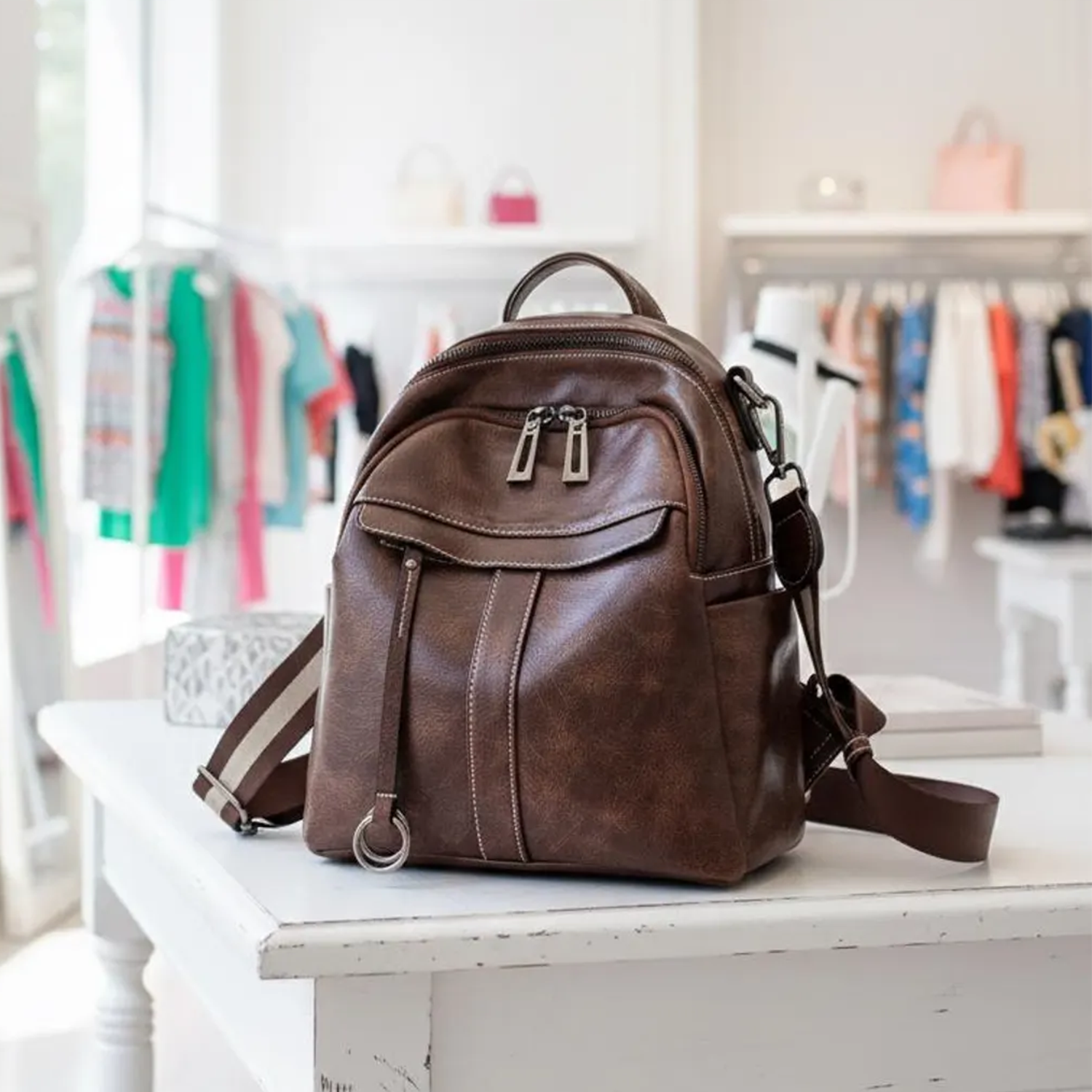 Weathered Compact Rounded City Backpack With Contrast Stitch Detailing, Striped Shoulder Straps And Front Zip Slip Compartment