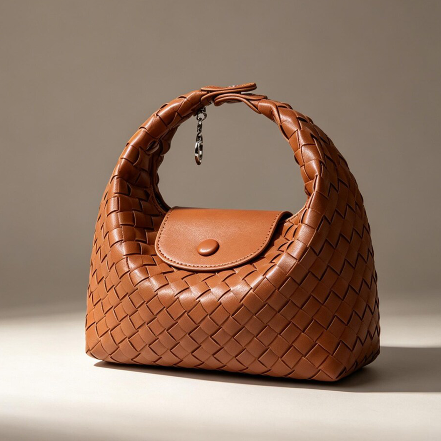 Hand-Woven Crescent Hobo Pouch With Integrated Curved Top Handle, Snap Front Flap And Two Separate Matching Hanging Straps