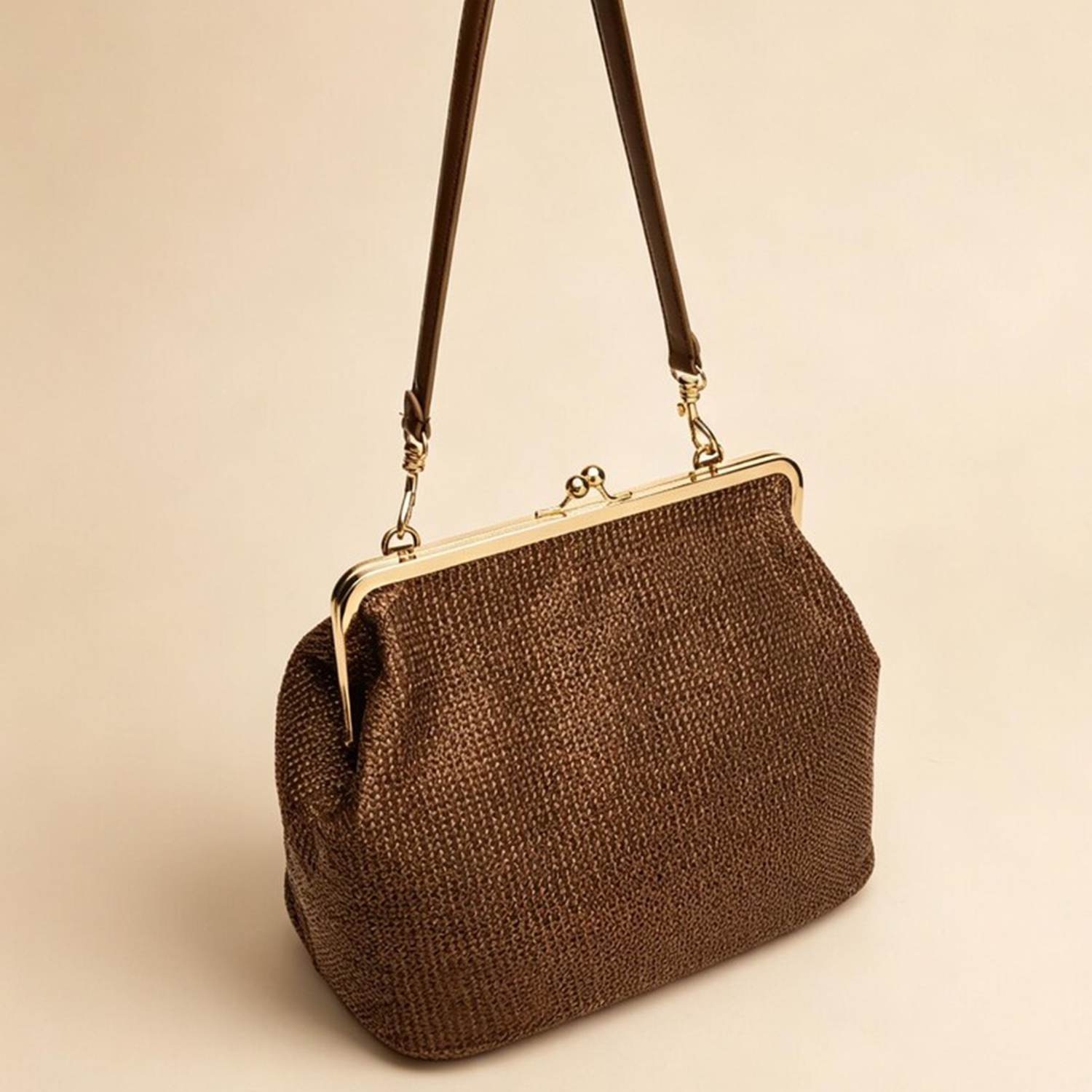 Woven Kiss-Lock Rectangular Tote With Gold Metallic Frame Hardware, Single Smooth Hanging Strand And Spacious Unlined Inner Compartment
