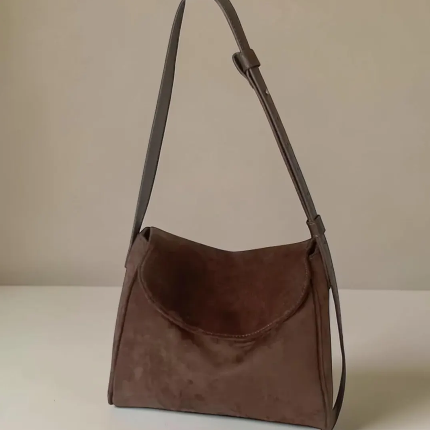 Retro Brown Plush Fuzzy Rectangular Shoulder Pouch With Slim Adjustable Hanging Strand, Curved Folded Front Slip Panel And Semi-Structured Horizontal Silhouette