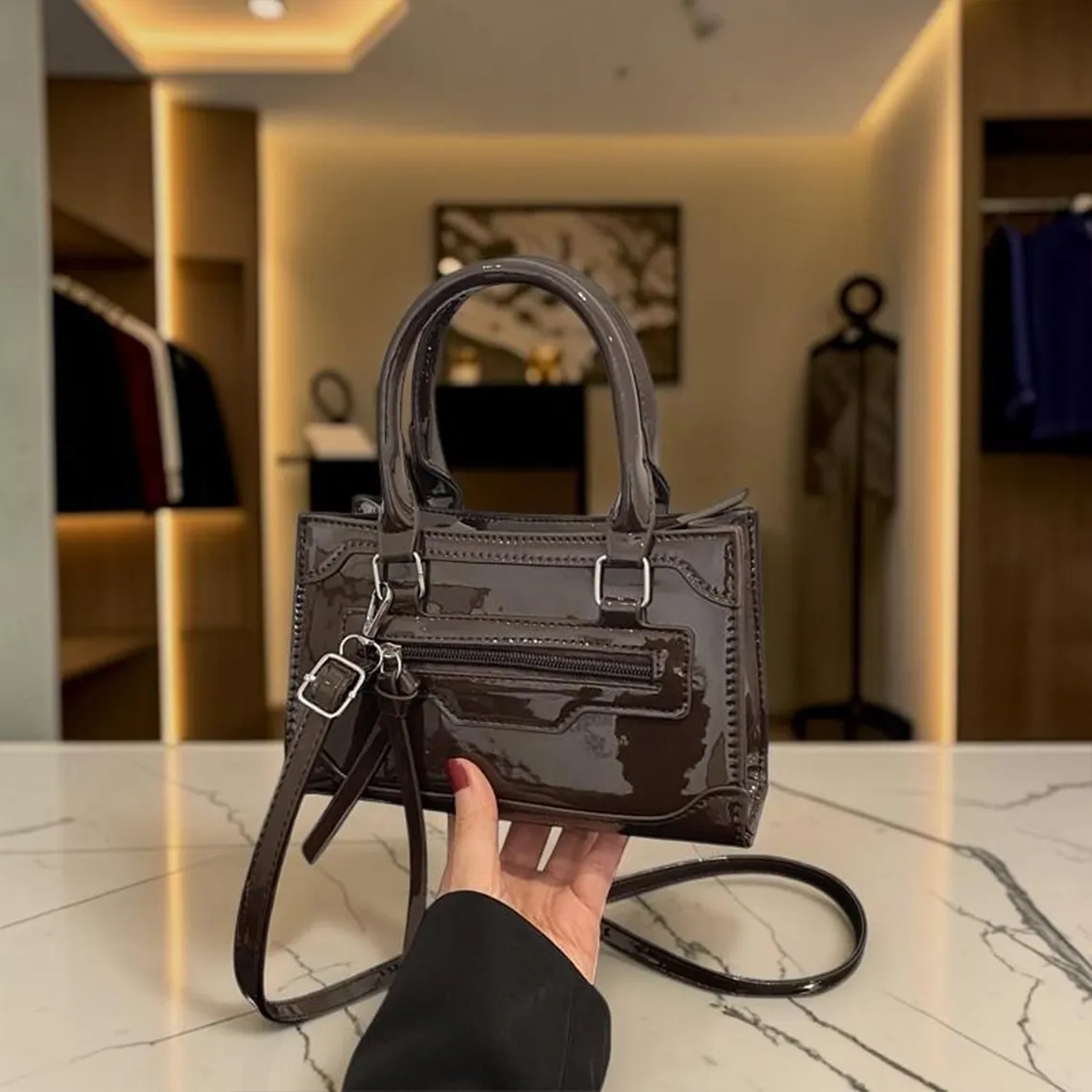 Triple Gloss Tone Compact Rectangular Mini Handbag With Curved Top Grip Loops, Recessed Front Zip Pocket And Thin Decorative Tassel Tab