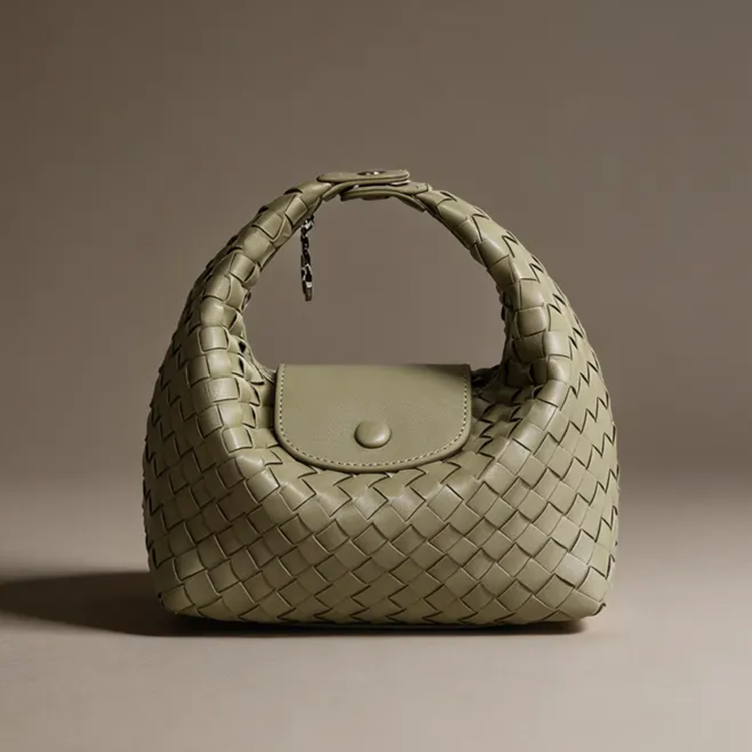Hand-Woven Crescent Hobo Pouch With Integrated Curved Top Handle, Snap Front Flap And Two Separate Matching Hanging Straps
