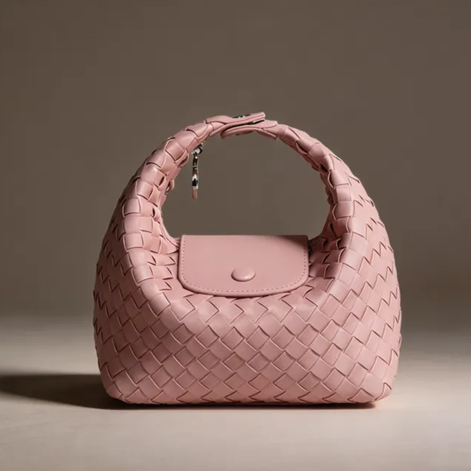 Hand-Woven Crescent Hobo Pouch With Integrated Curved Top Handle, Snap Front Flap And Two Separate Matching Hanging Straps