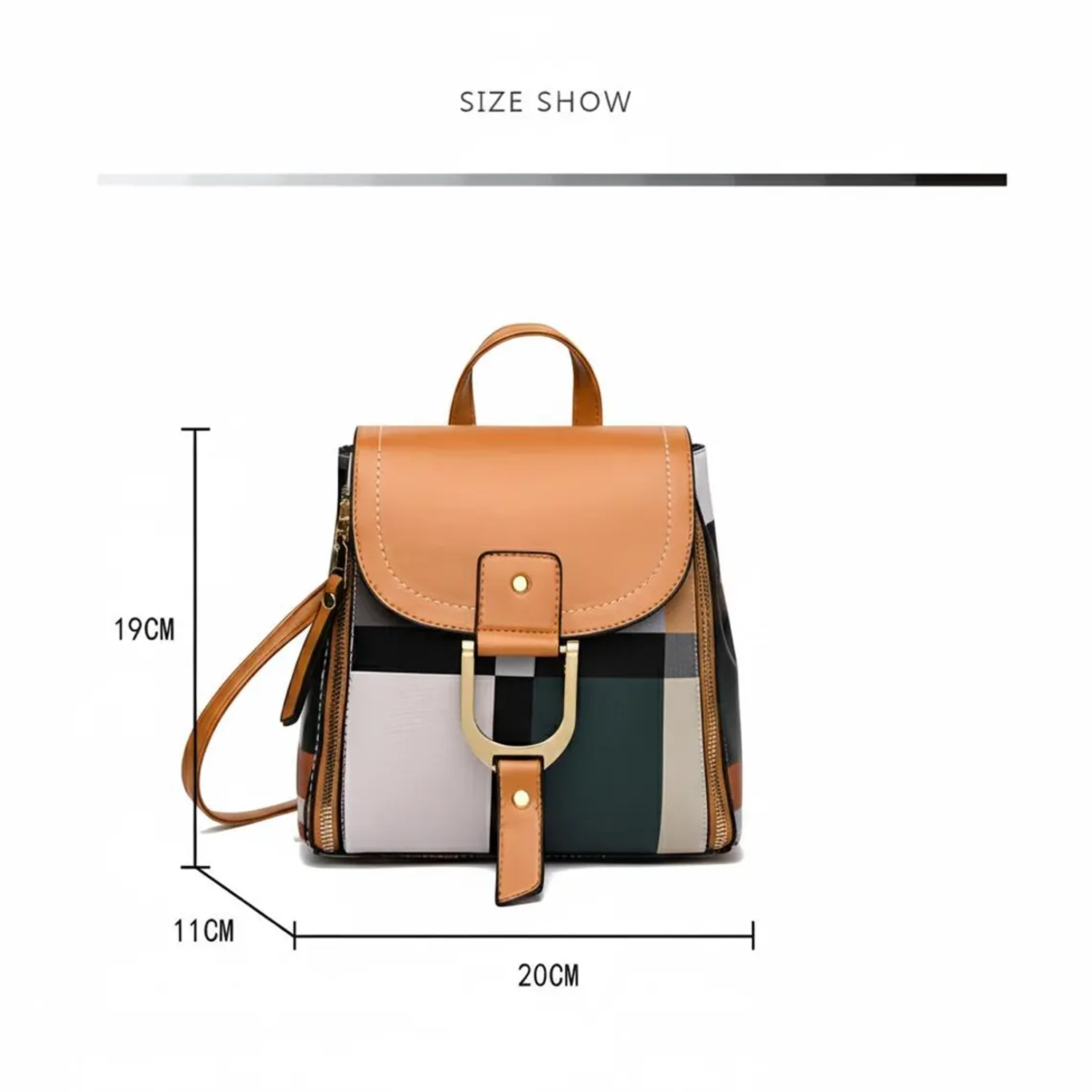 Multi-Tone Plaid Compact Mini Rucksack With Three Solid Flap Shades, Horseshoe Metal Clasp Fastener And Dual Side Zip Expansion Panels Backpack