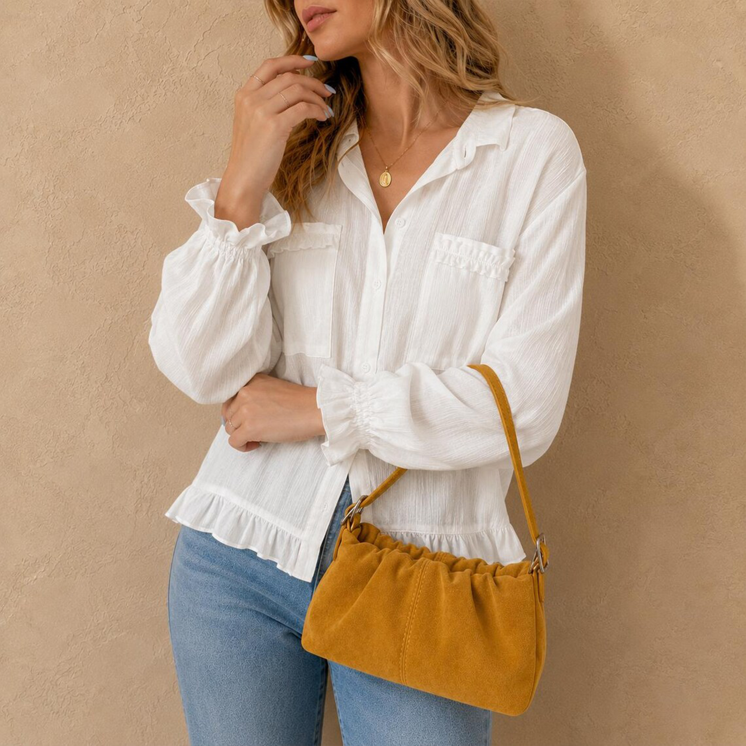 Fuzzy Gathered Shoulder Pouch With Slim Single Shoulder Strand, Ruched Top Opening And Central Vertical Stitch Seam