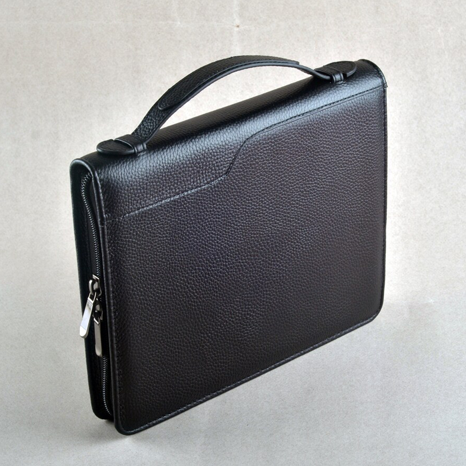 Black Pebbled Zip-Around Rectangular Portfolio Case With Curved Top Carry Tab, Multi-Slot Organized Interior And A5 Paper Divider Compartment