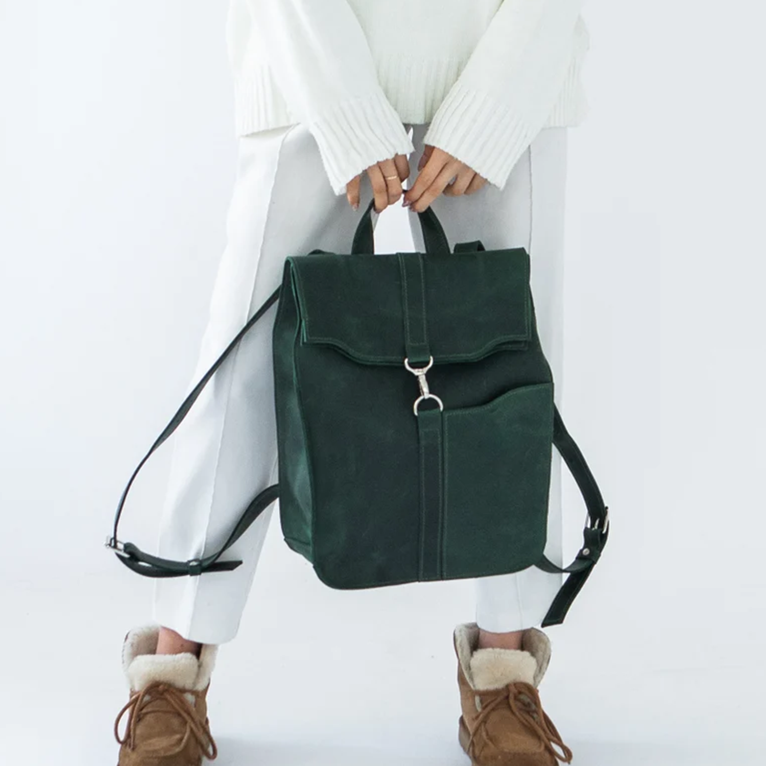 Spruce Green Matte Minimalist Rectangular Rucksack With Top Hand Grip Tab, Dual Ring Flap Clasp And Adjustable Backpack Shoulder Straps