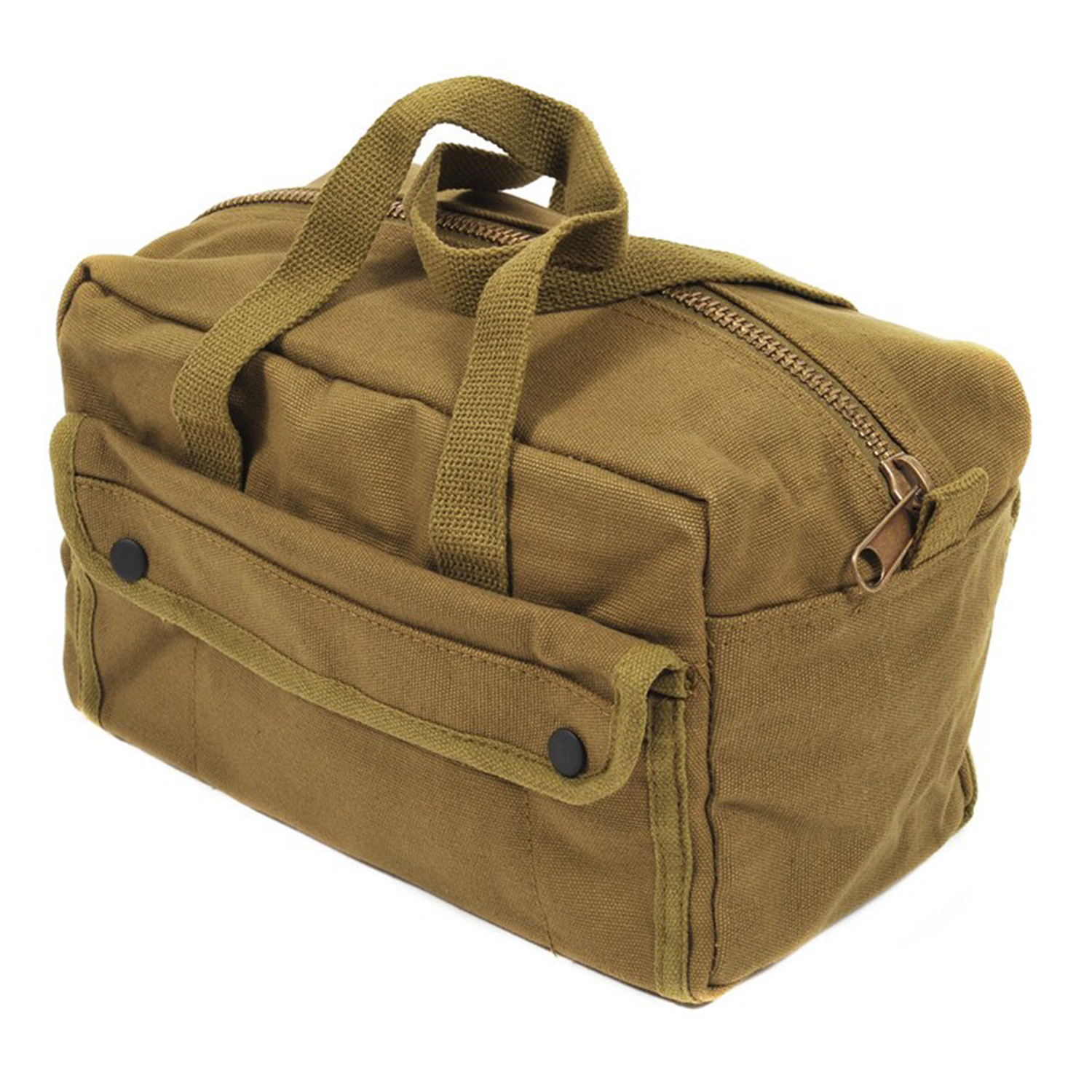 Khaki Tan Woven Fabric Compact Utility Carry Case With Dual Woven Top Loops, Snap Front Patch Pocket And Full-Length Metal Zip Closure