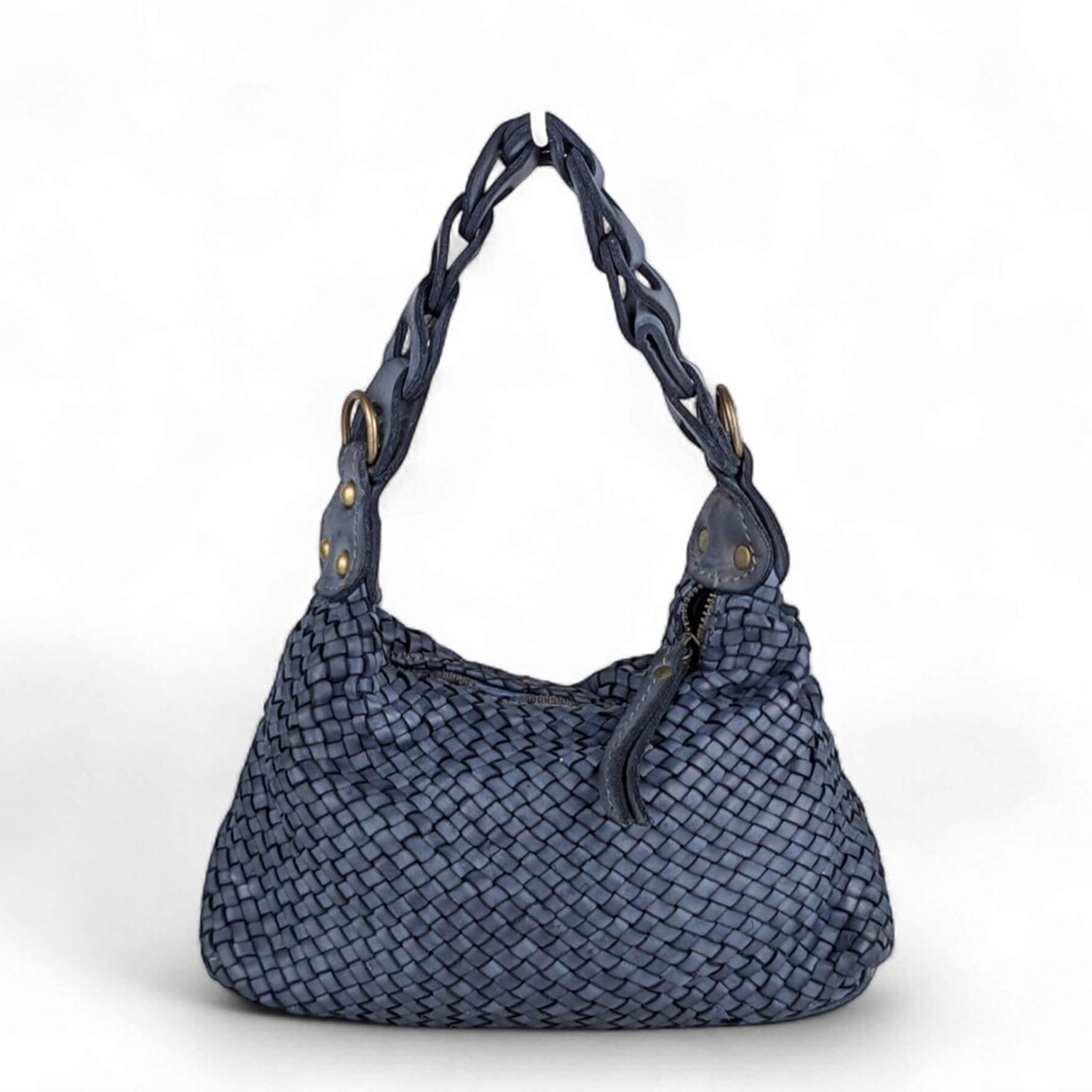Washed Denim Blue Tight Grid Woven Slouchy Hobo Pouch With Interlinked Cutout Shoulder Loop, Brass Stud Fixtures And Top Horizontal Zip Closure