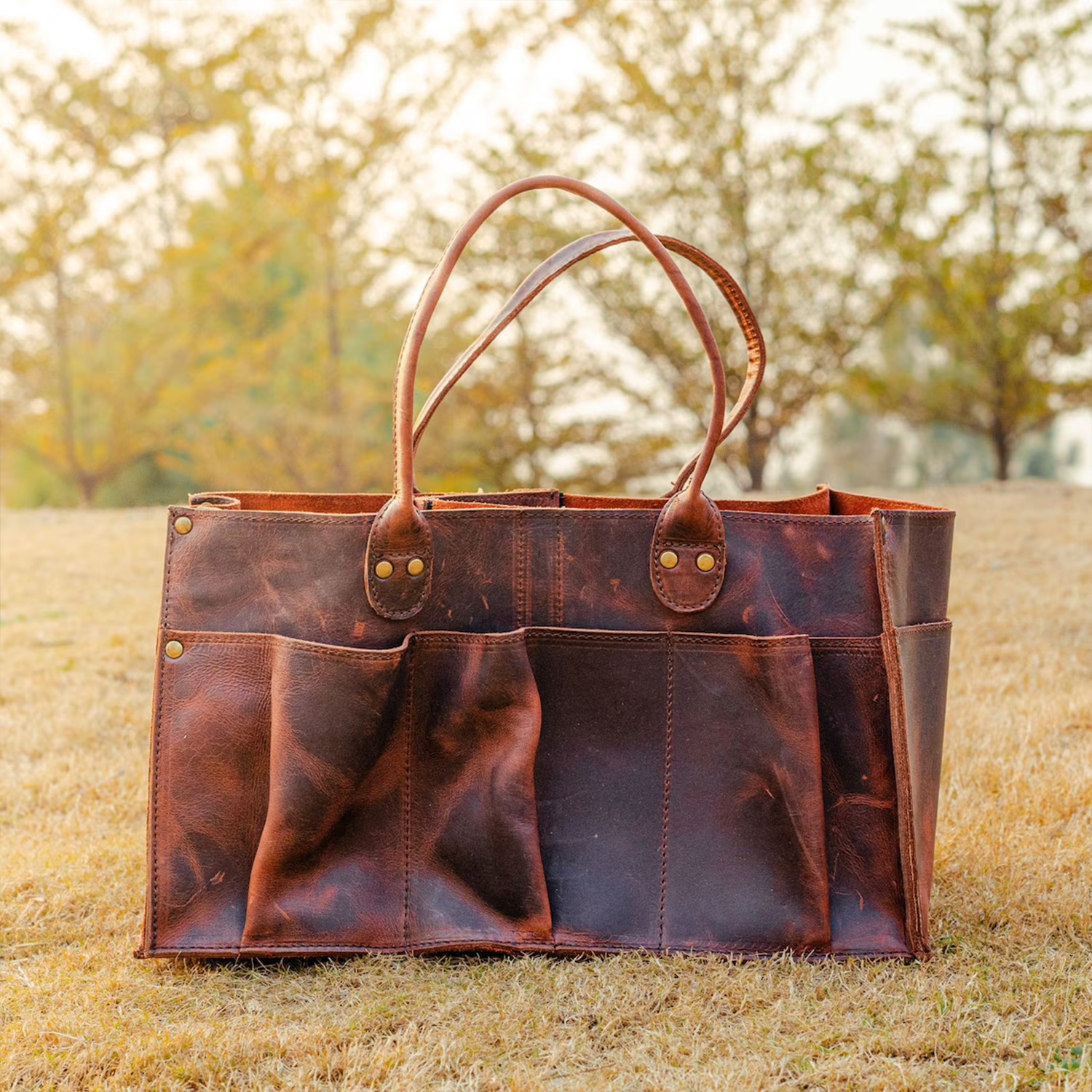 Vintage Aged Brown Distressed Utility Tote With Multi Segmented Slip Pockets, Curved Wide Carry Loops And Brass Rivet Reinforced Paneling Tool Bag