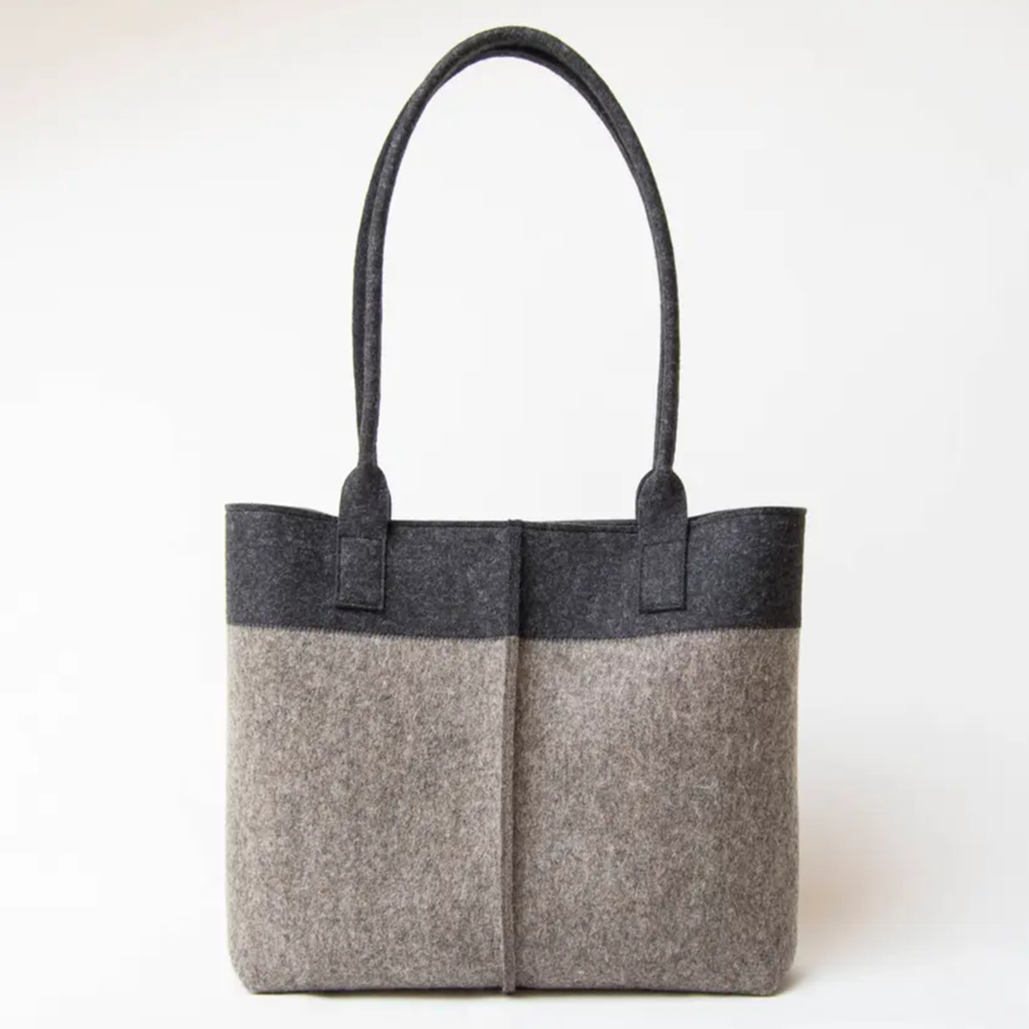 Grey Charcoal Fuzzy Structured Shopper Tote With Long Integrated Shoulder Loops And Central Vertical Front Stitch Seam