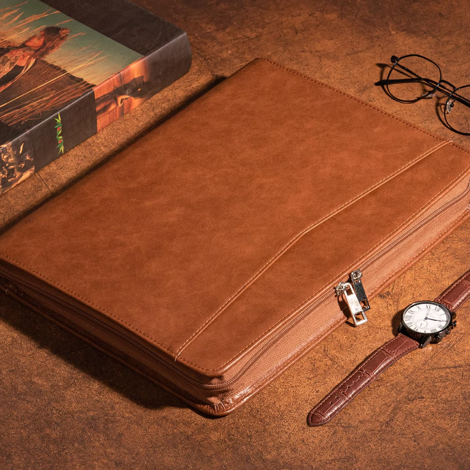 Vintage Tan Matte Grain Zip-Around Portfolio With Dual Metallic Slider Closures, Multi-Segmented Interior Slots And Full-Size Paper Storage Panel