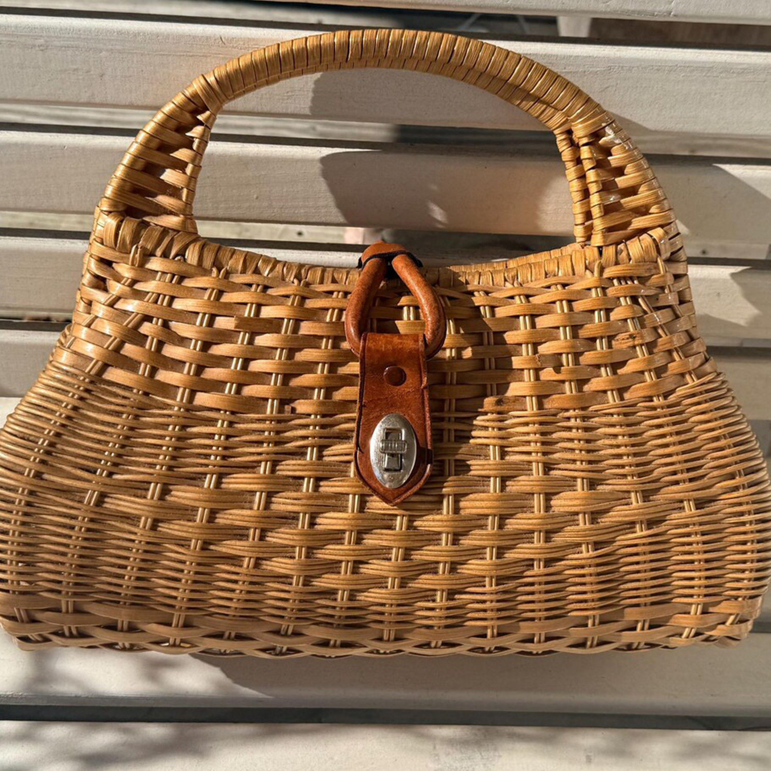 Natural Tan Midcentury Woven Rattan Handheld Satchel With Curved Woven Top Handle, Brown Leather Twist-Lock Strap And Dual Inner Storage Compartments