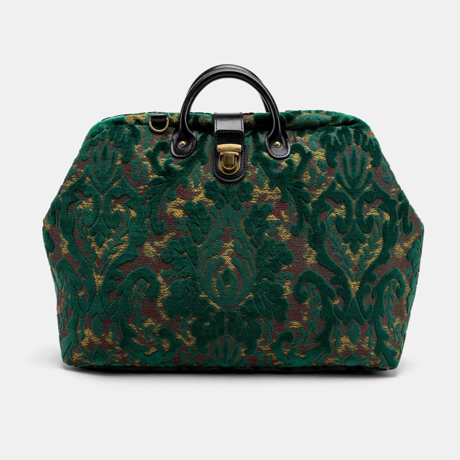Jade Green Ornate Floral Jacquard Dome Carryall With Curved Dual Top Handles, Patterned Shoulder Strand, Brass Turn-Lock Clasp And Studded Protective Base